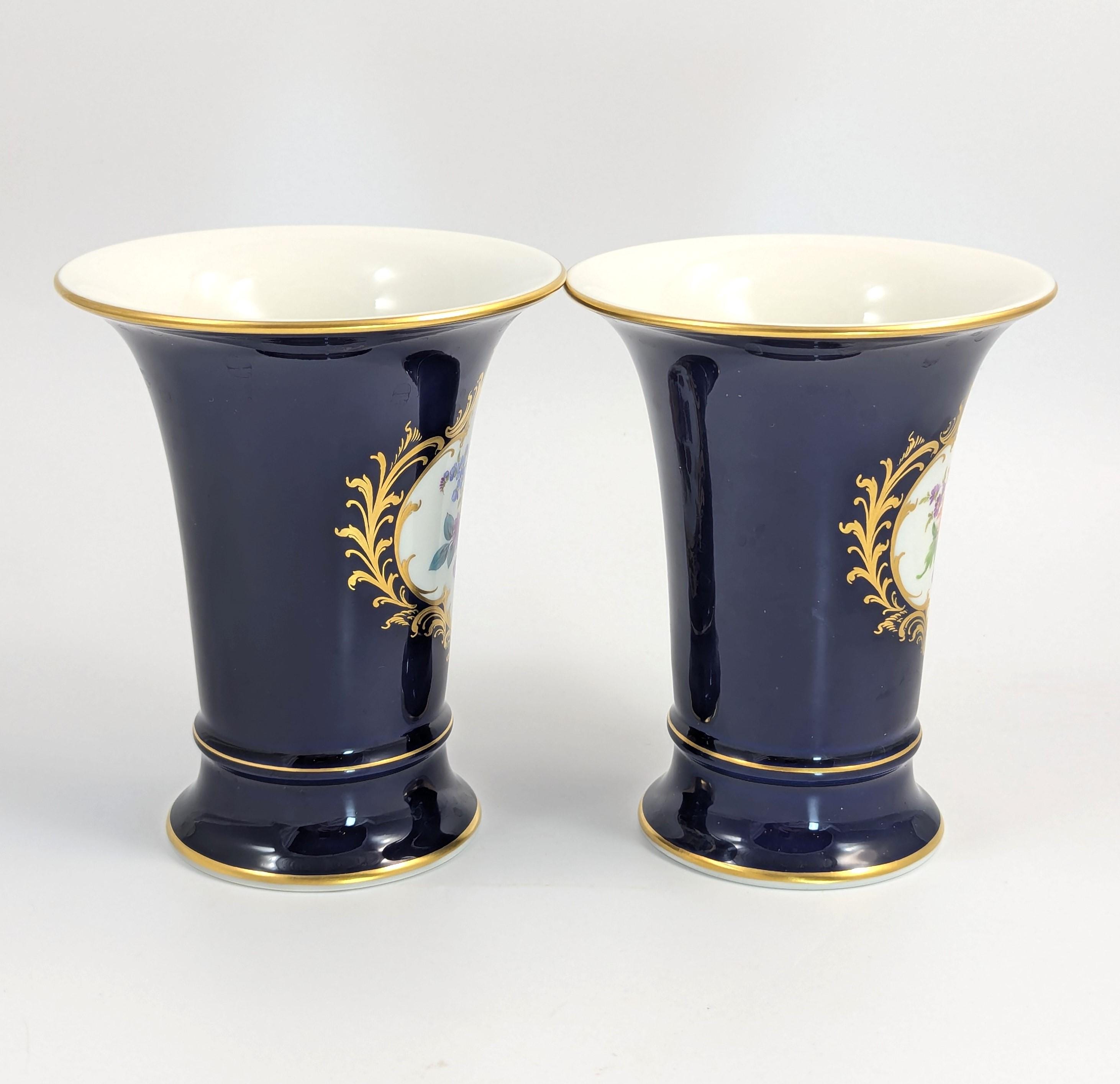 Meissen Cobalt Porcelain Vases: Hand-Painted Floral, Gilded Accents