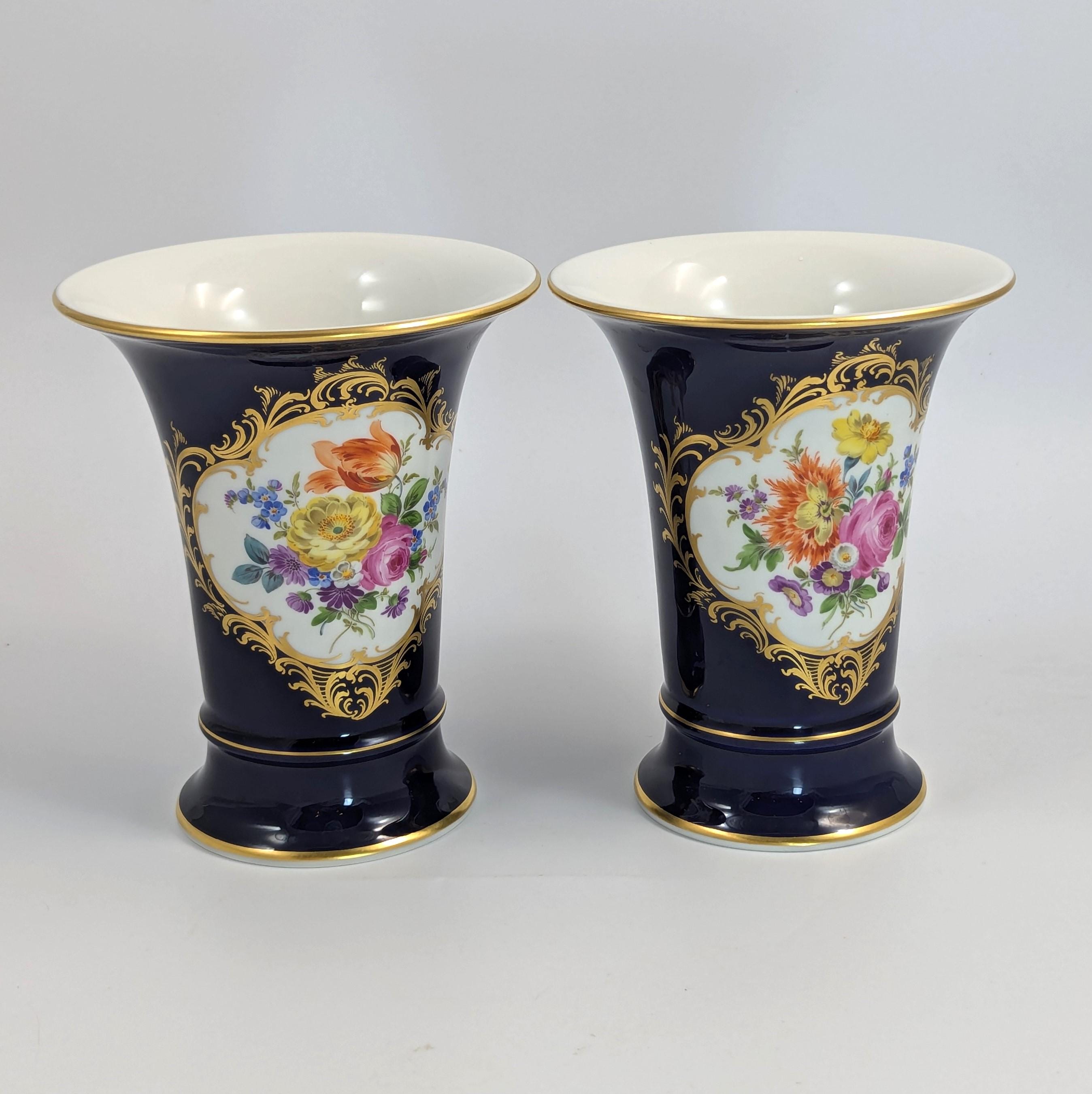 Meissen Cobalt Porcelain Vases: Hand-Painted Floral, Gilded Accents