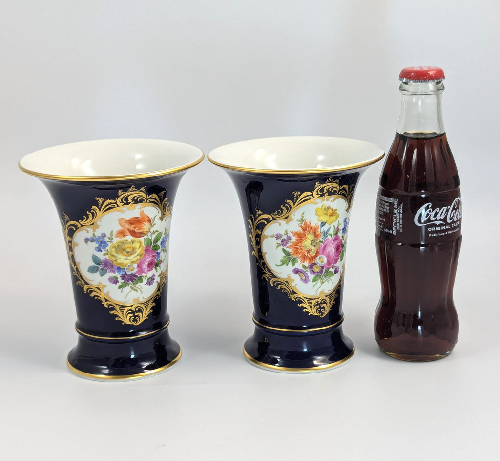 Meissen Cobalt Porcelain Vases: Hand-Painted Floral, Gilded Accents