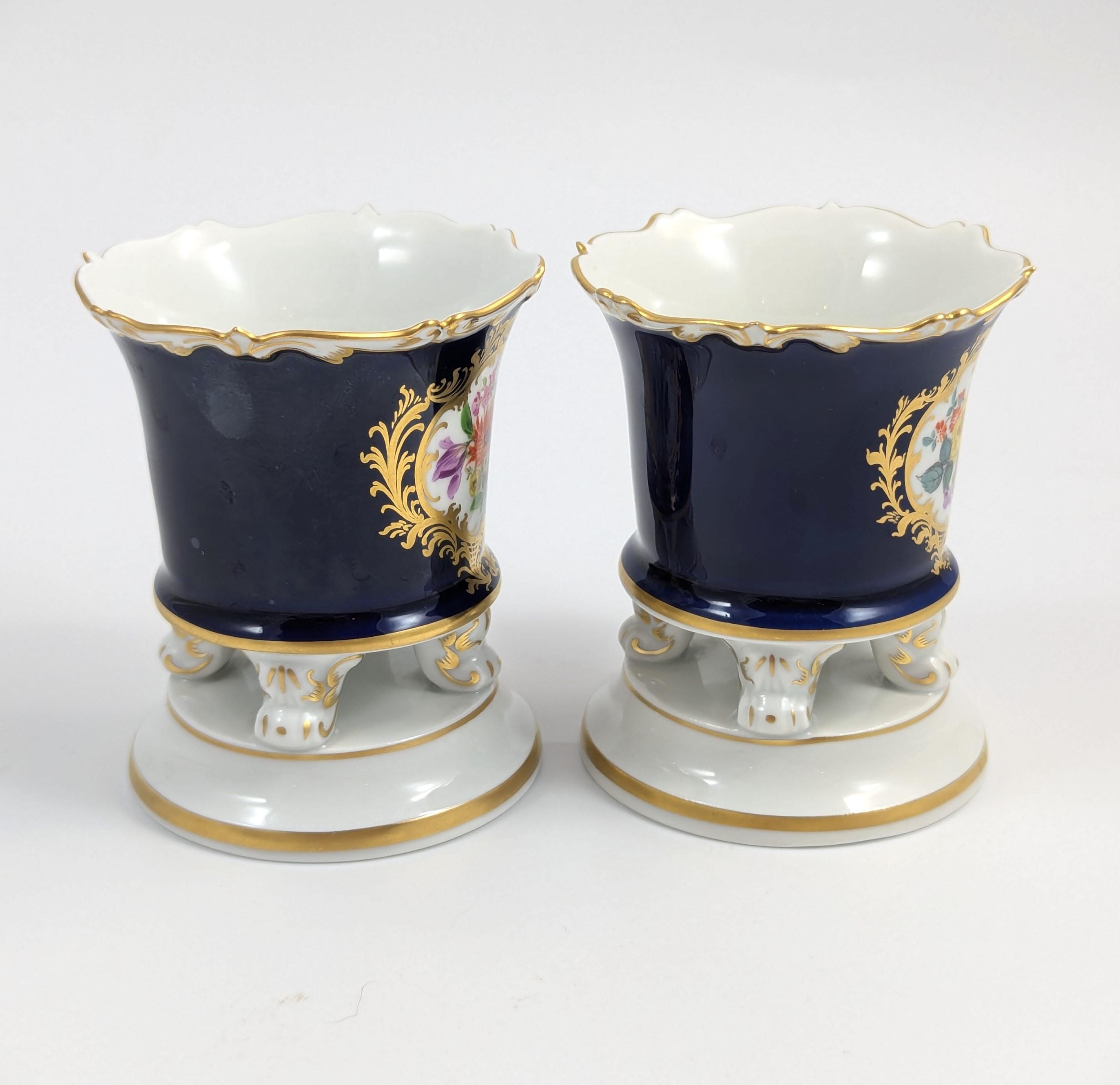 Antique Meissen Cobalt Porcelain Vases: Hand-Painted Floral Cache Pots, 1930s