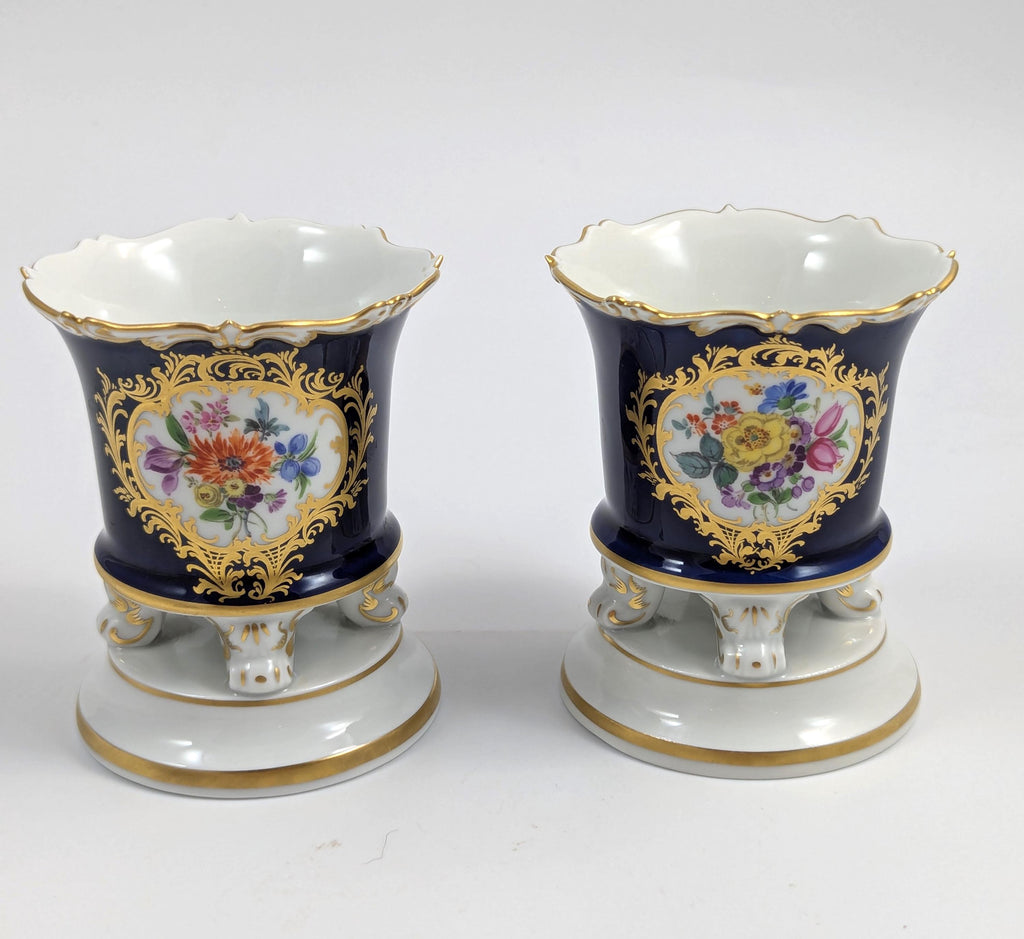Antique Meissen Cobalt Porcelain Vases: Hand-Painted Floral Cache Pots, 1930s