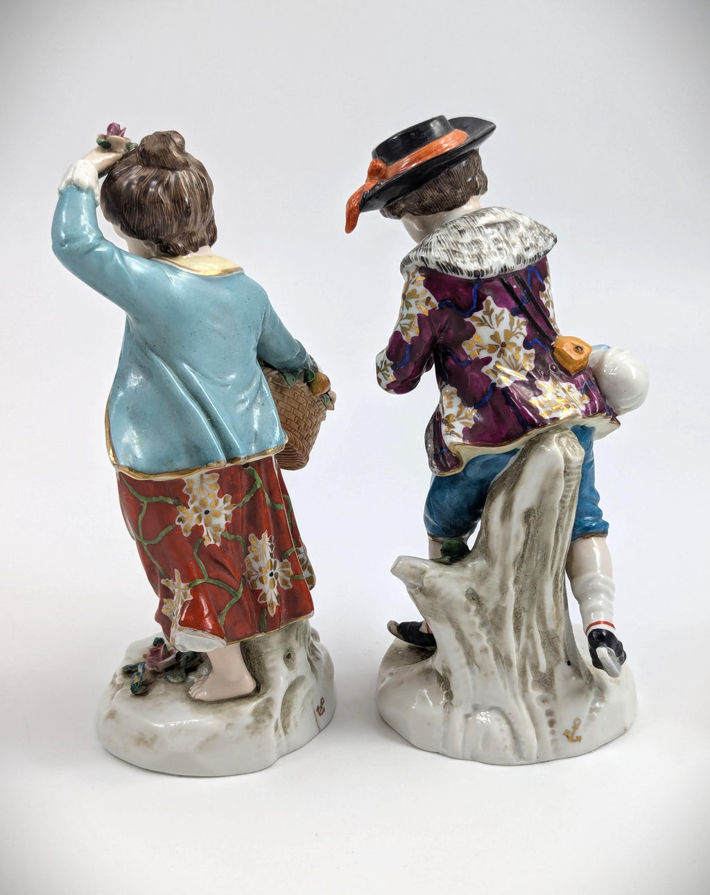 Samson porcelain "Seasons" antique figurines pair, Summer & Winter, Chelsea Anchor Mark, 19th century