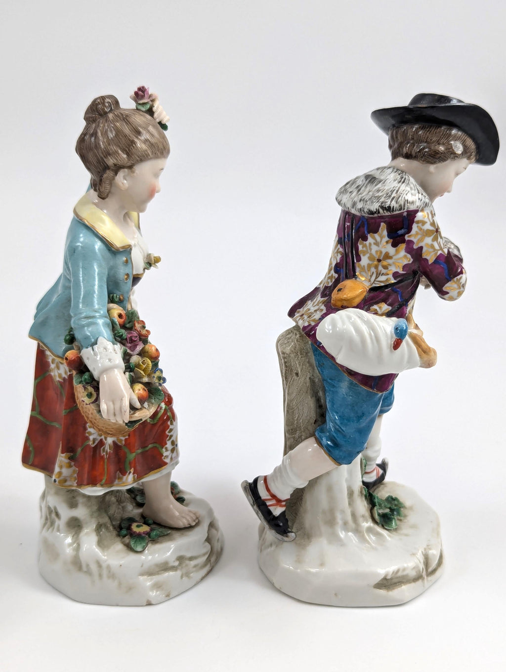 Samson porcelain "Seasons" antique figurines pair, Summer & Winter, Chelsea Anchor Mark, 19th century