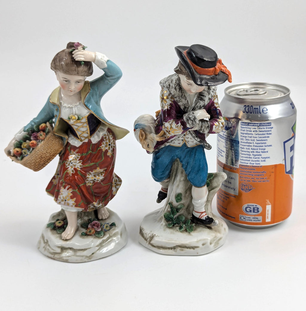 Samson porcelain "Seasons" antique figurines pair, Summer & Winter, Chelsea Anchor Mark, 19th century