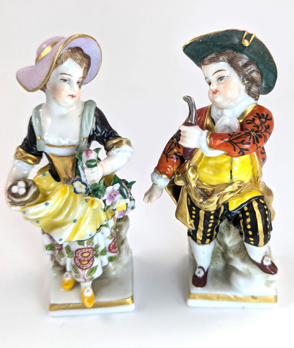 Antique Porcelain Figurines of Farmer and Gardener, in Chelsea Style,  19th