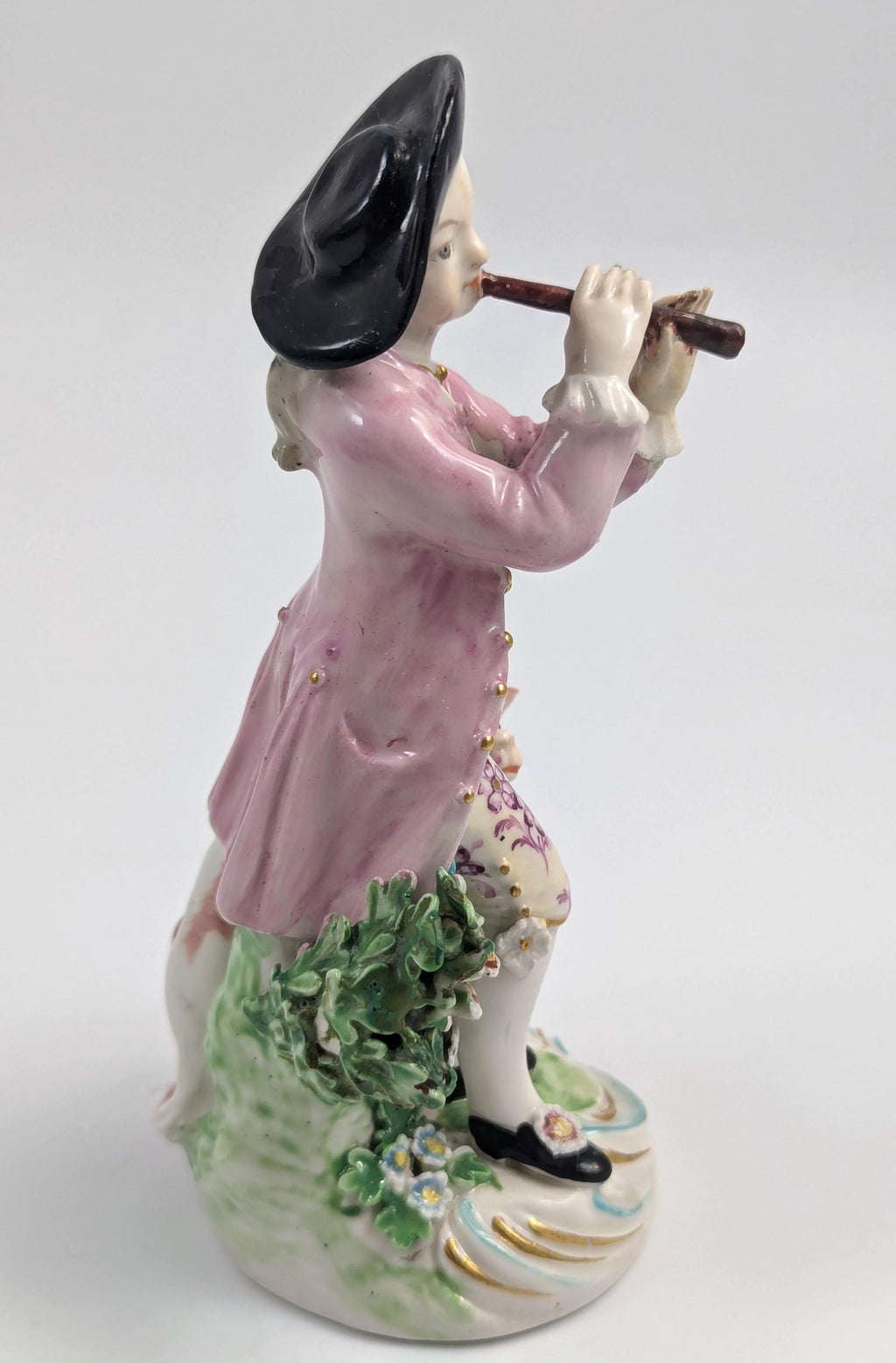Antique Derby Porcelain Figurine: Hand-Painted Shepherd with Pipe, c. 1750s