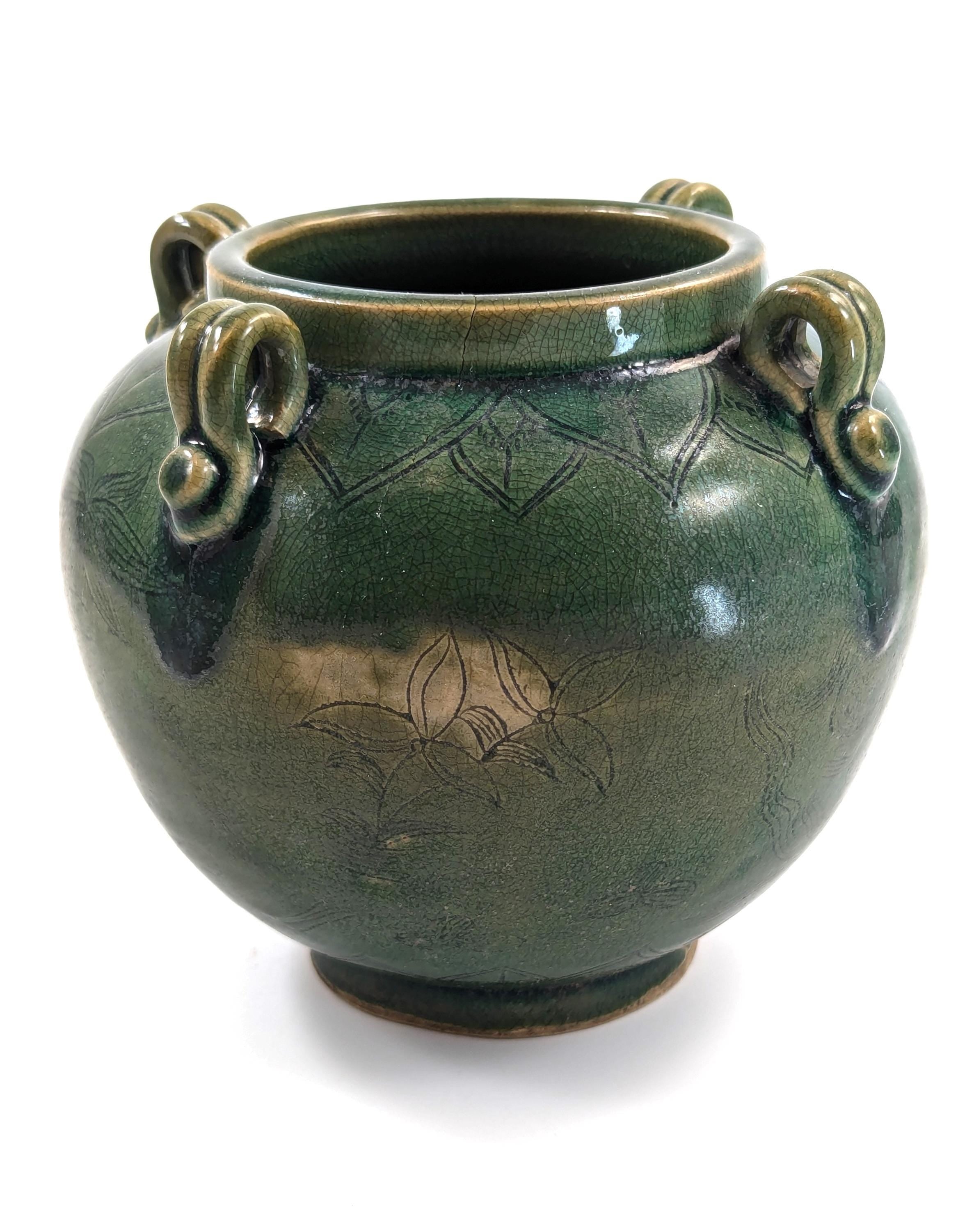 Antique Chinese Celadon Jar: Song Dynasty Style Ducks and Lotus