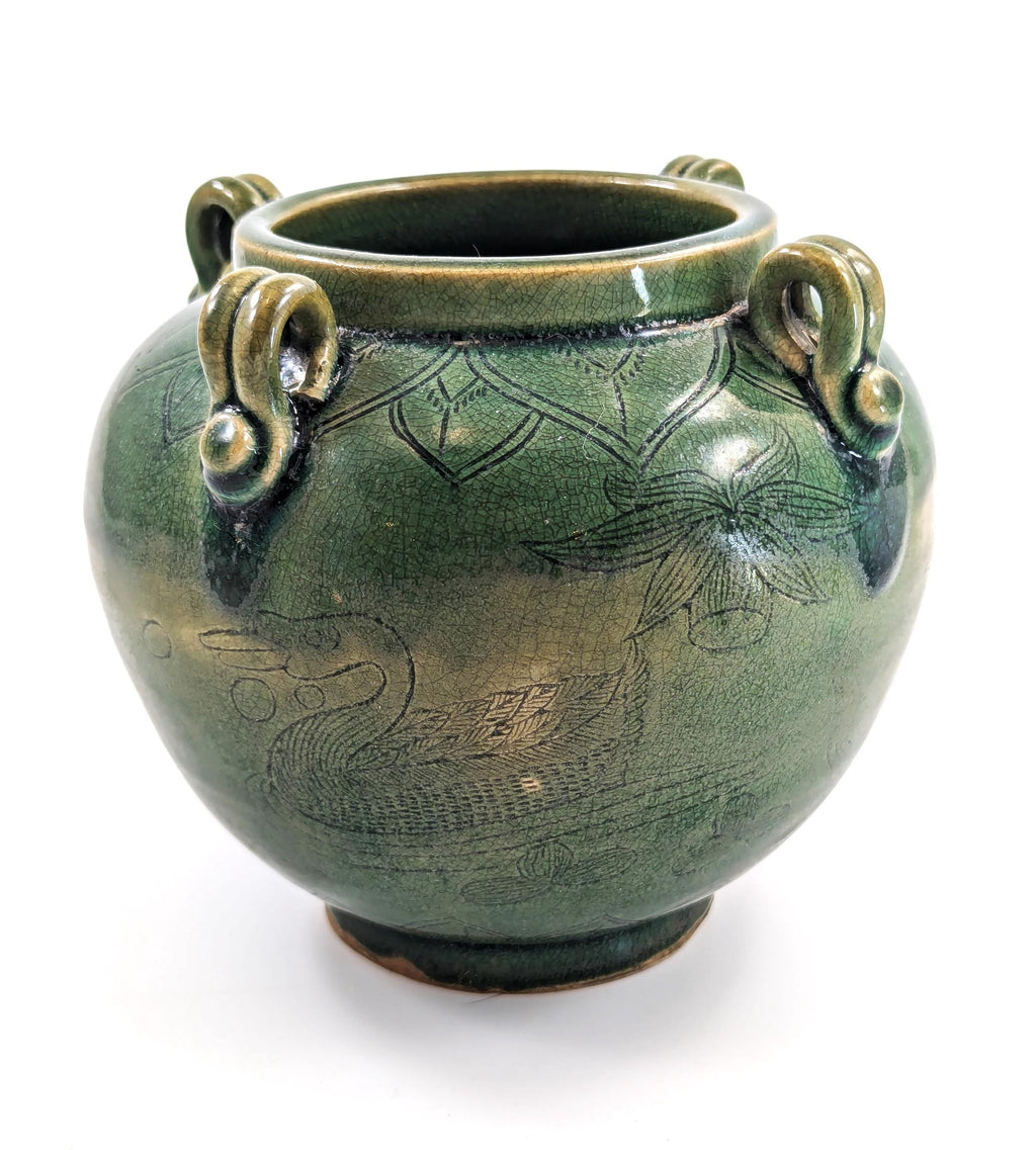 Antique Chinese Celadon Jar: Song Dynasty Style Ducks and Lotus
