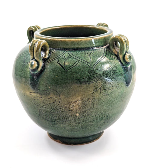 Antique Chinese Celadon Jar: Song Dynasty Style Ducks and Lotus