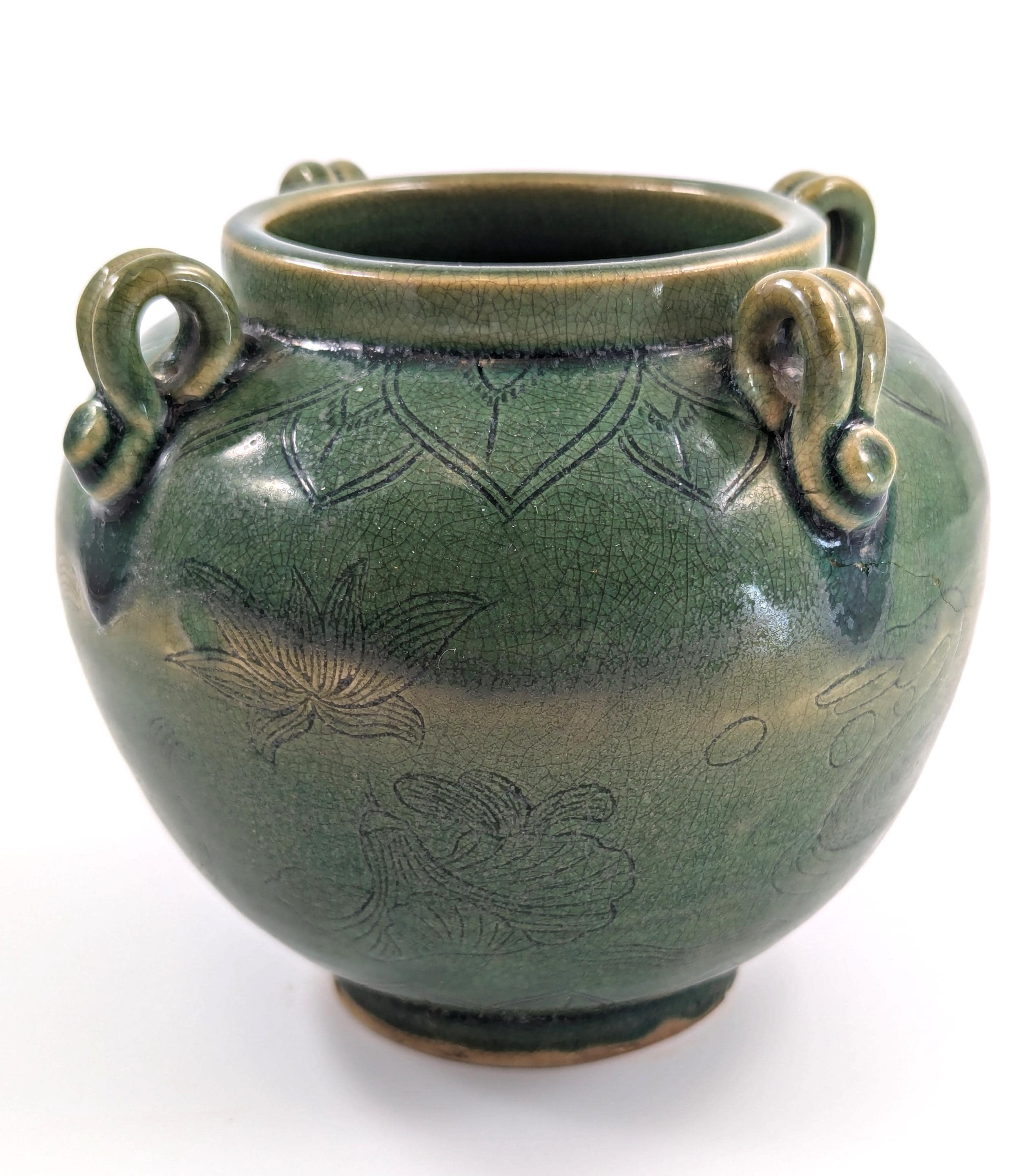 Antique Chinese Celadon Jar: Song Dynasty Style Ducks and Lotus
