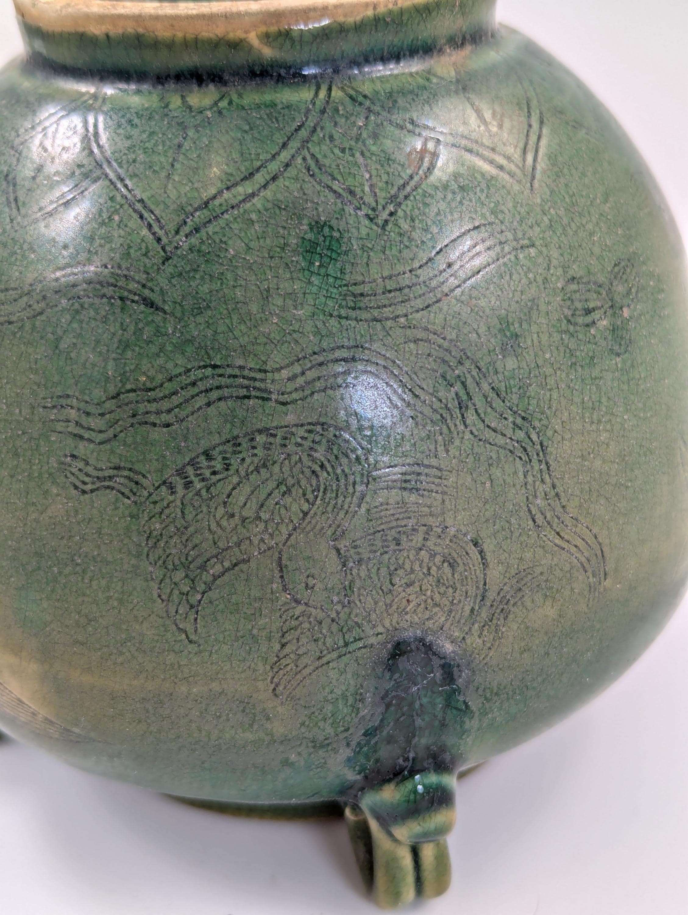 Antique Chinese Celadon Jar: Song Dynasty Style Ducks and Lotus