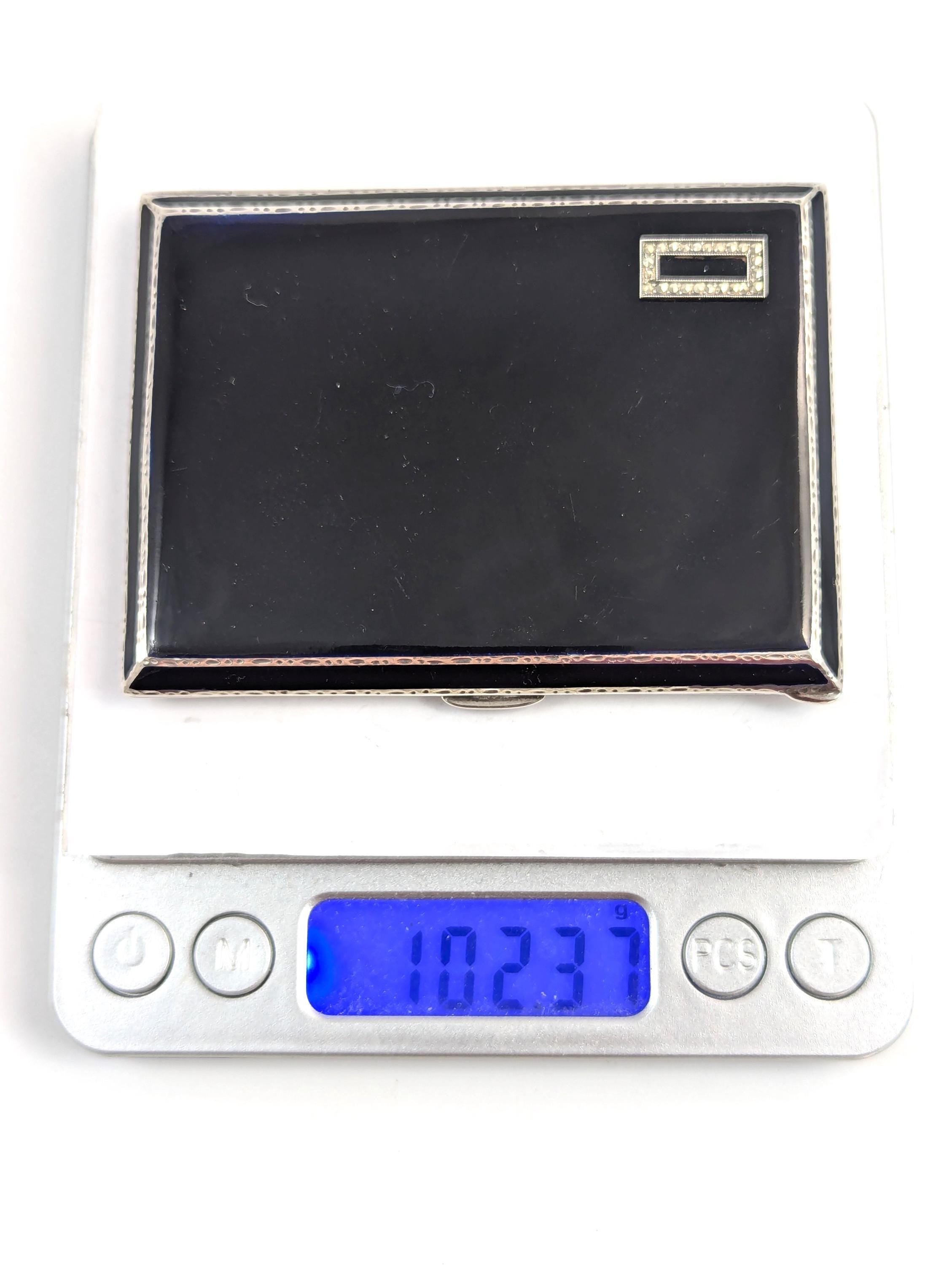 Art Deco sterling silver and black enamel cigarette case, marcasite front, engine-turned reverse, Goldsmiths & Silversmiths Co, 1932
