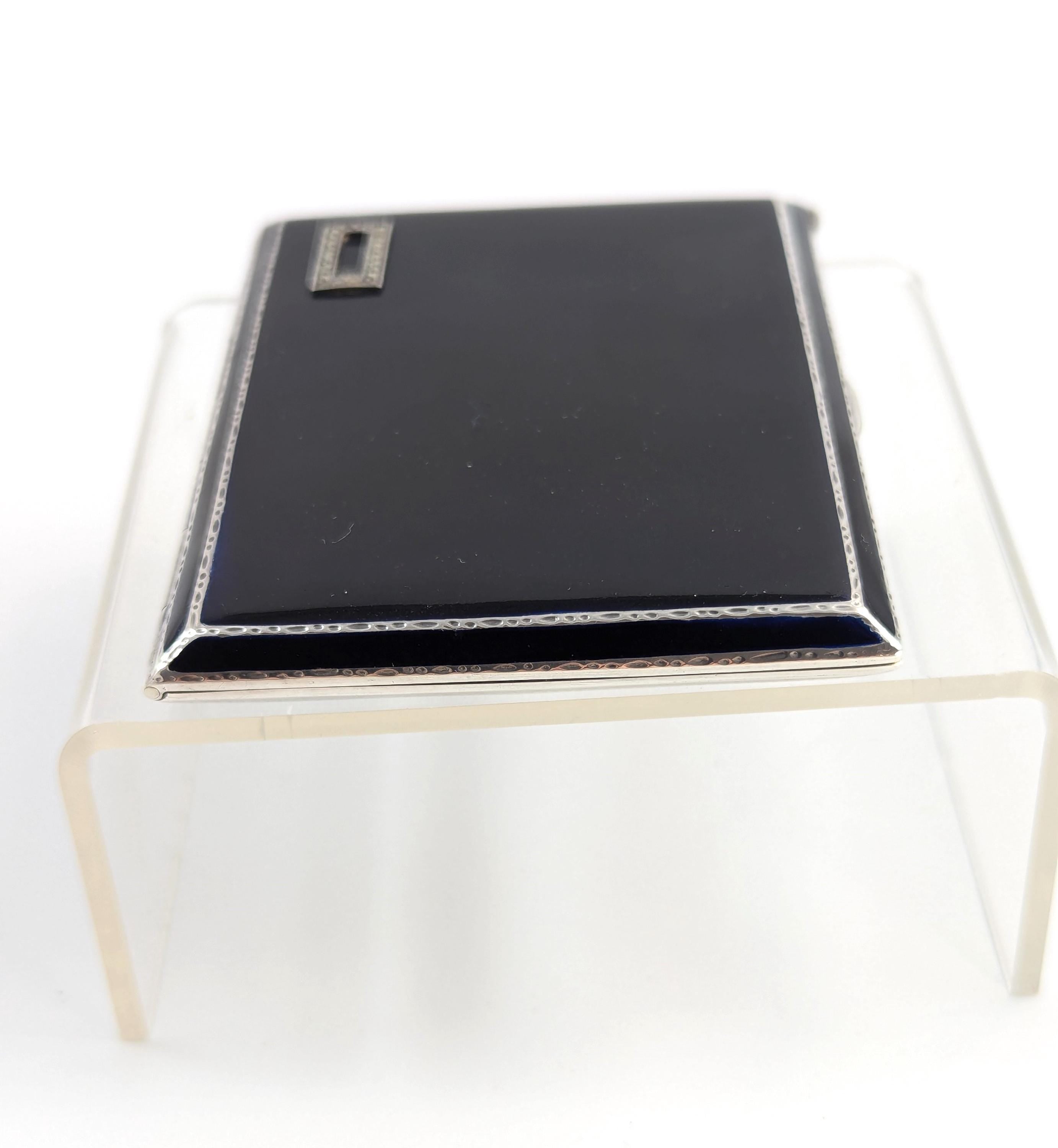 Art Deco sterling silver and black enamel cigarette case, marcasite front, engine-turned reverse, Goldsmiths & Silversmiths Co, 1932