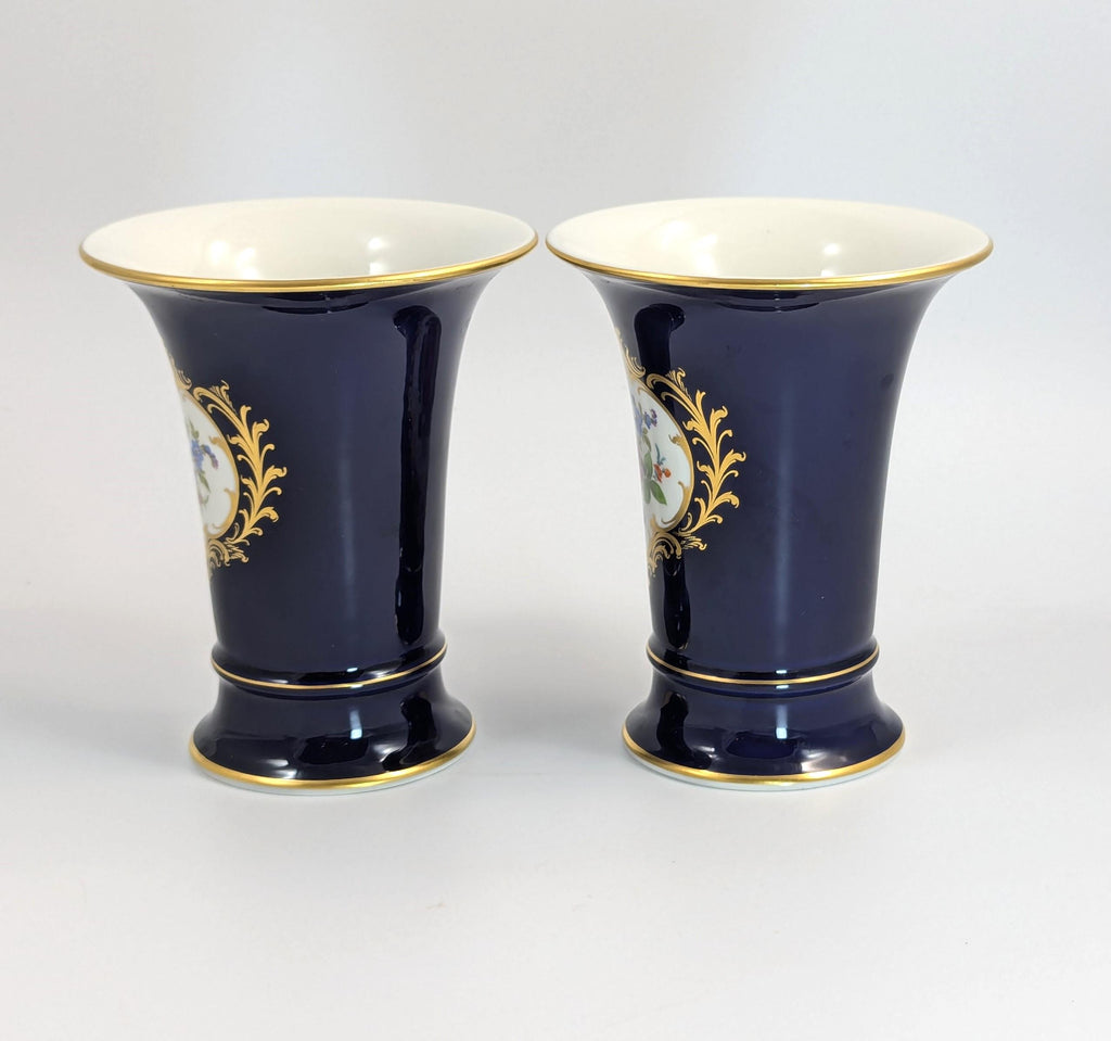 Meissen Cobalt Porcelain Vases: Hand-Painted Floral, Gilded Accents