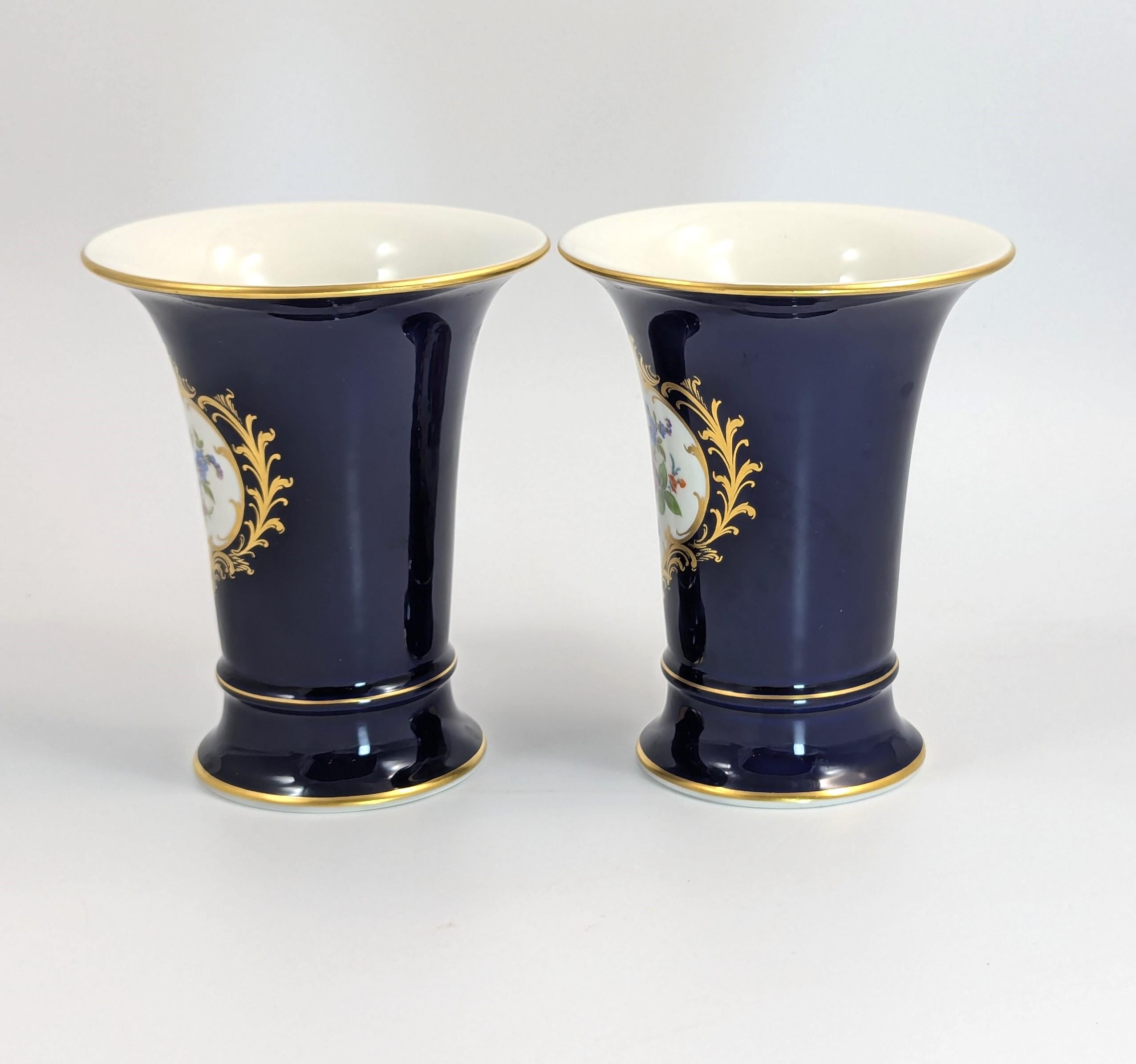 Meissen Cobalt Porcelain Vases: Hand-Painted Floral, Gilded Accents