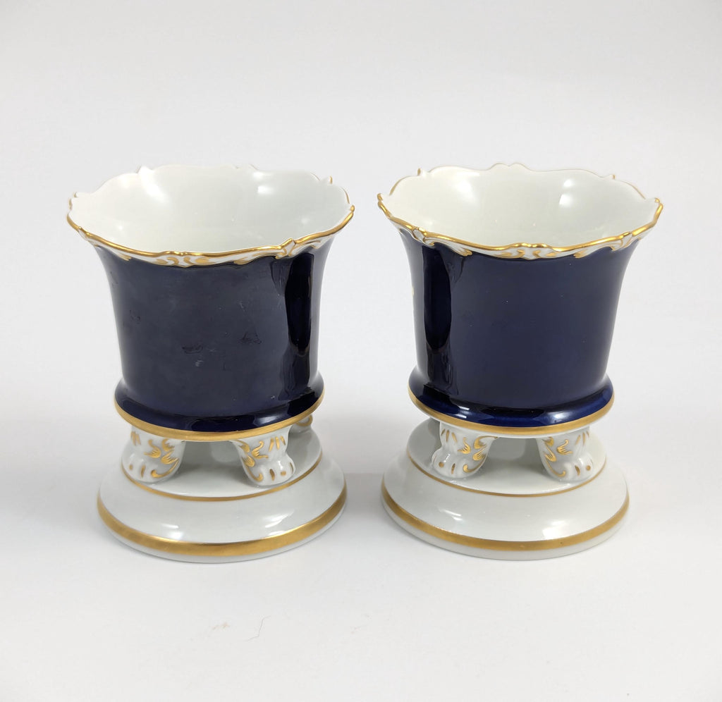 Antique Meissen Cobalt Porcelain Vases: Hand-Painted Floral Cache Pots, 1930s