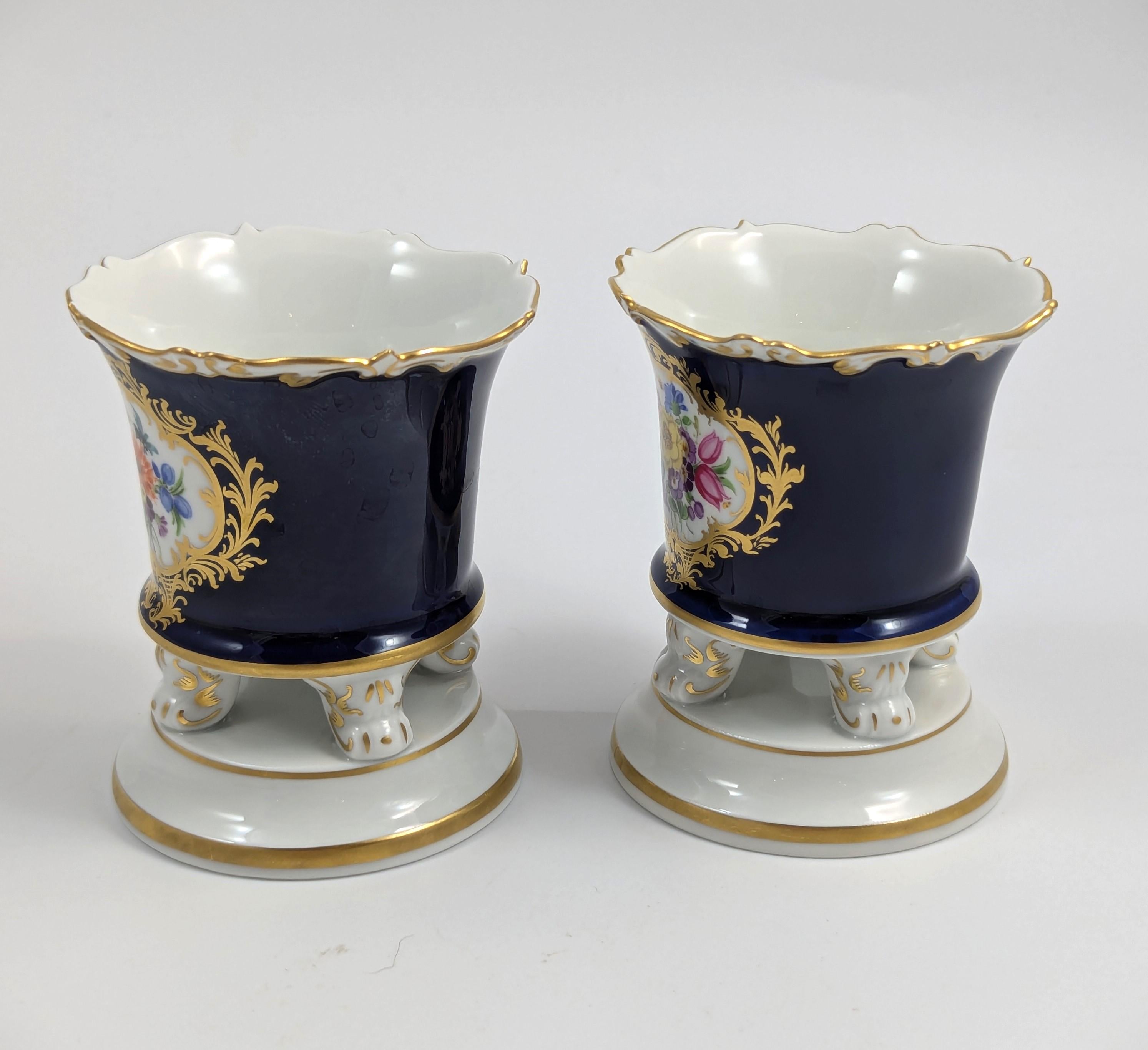 Antique Meissen Cobalt Porcelain Vases: Hand-Painted Floral Cache Pots, 1930s