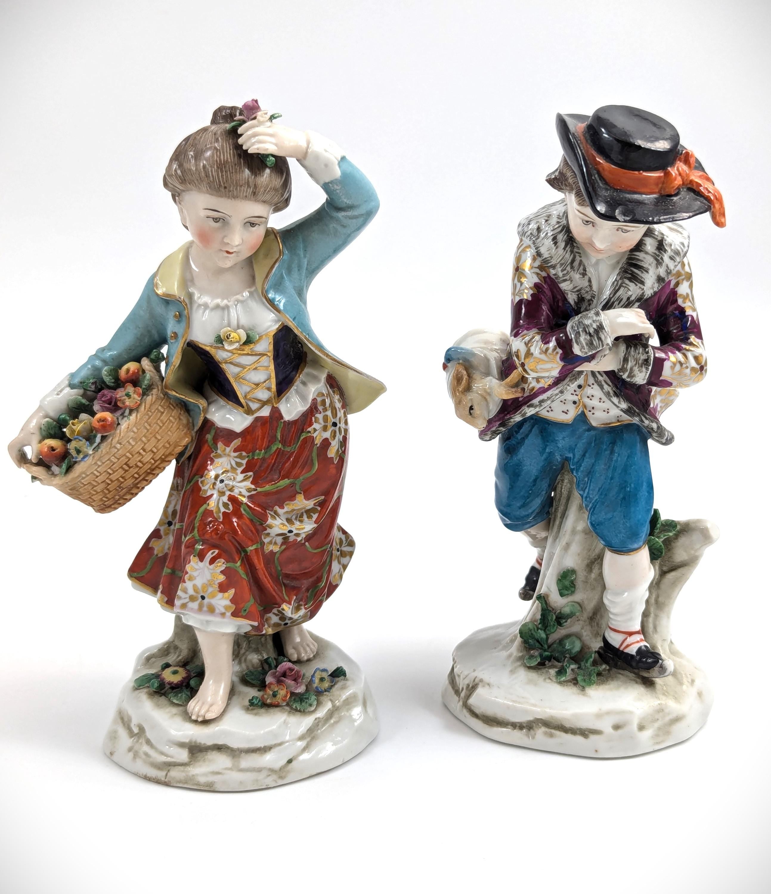 Samson porcelain "Seasons" antique figurines pair, Summer & Winter, Chelsea Anchor Mark, 19th century