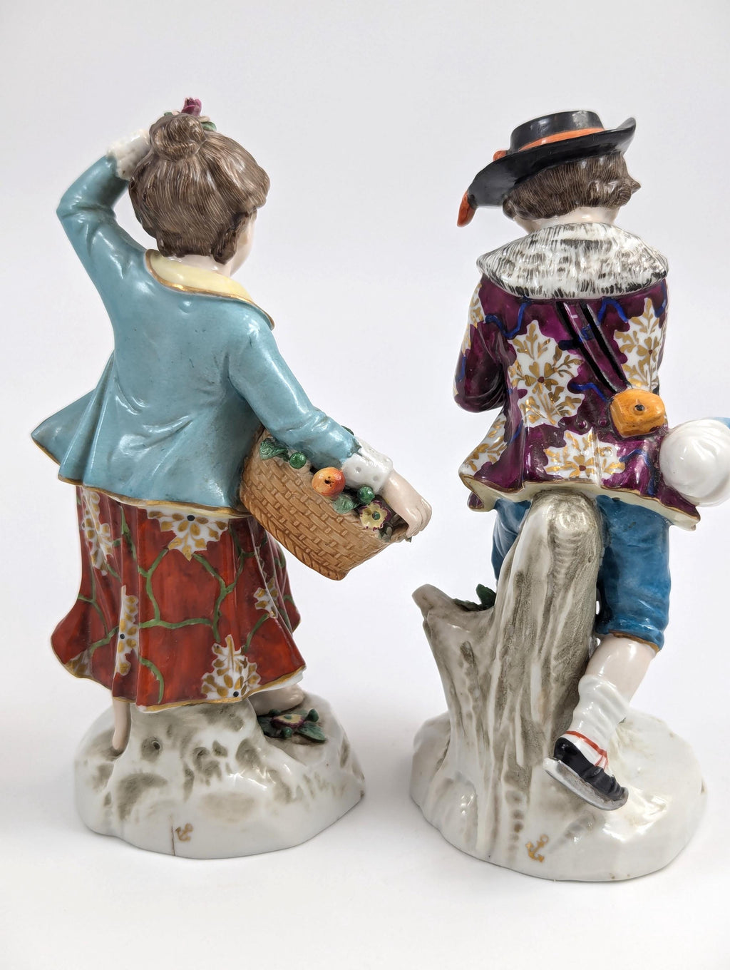 Samson porcelain "Seasons" antique figurines pair, Summer & Winter, Chelsea Anchor Mark, 19th century