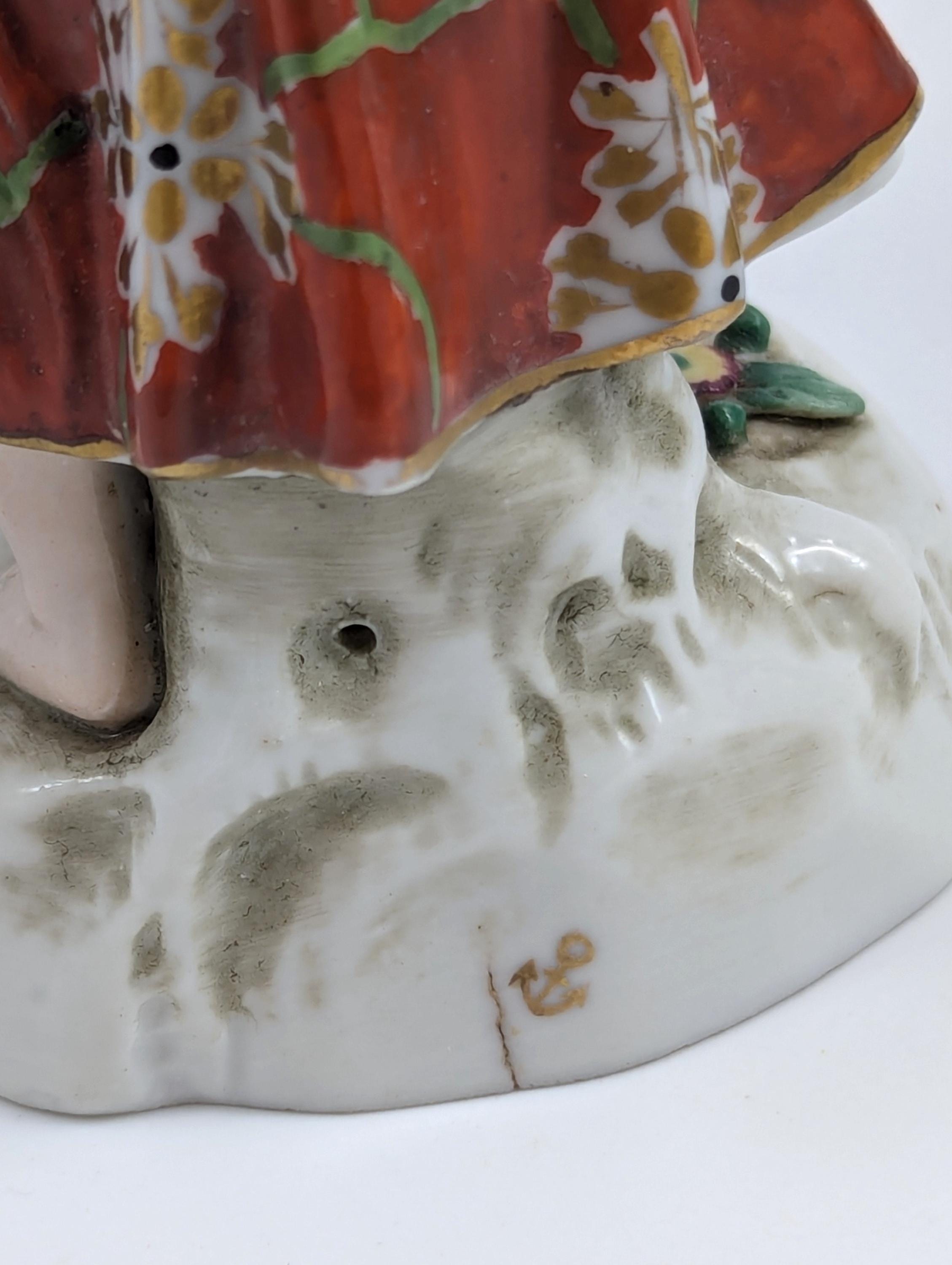 Samson porcelain "Seasons" antique figurines pair, Summer & Winter, Chelsea Anchor Mark, 19th century