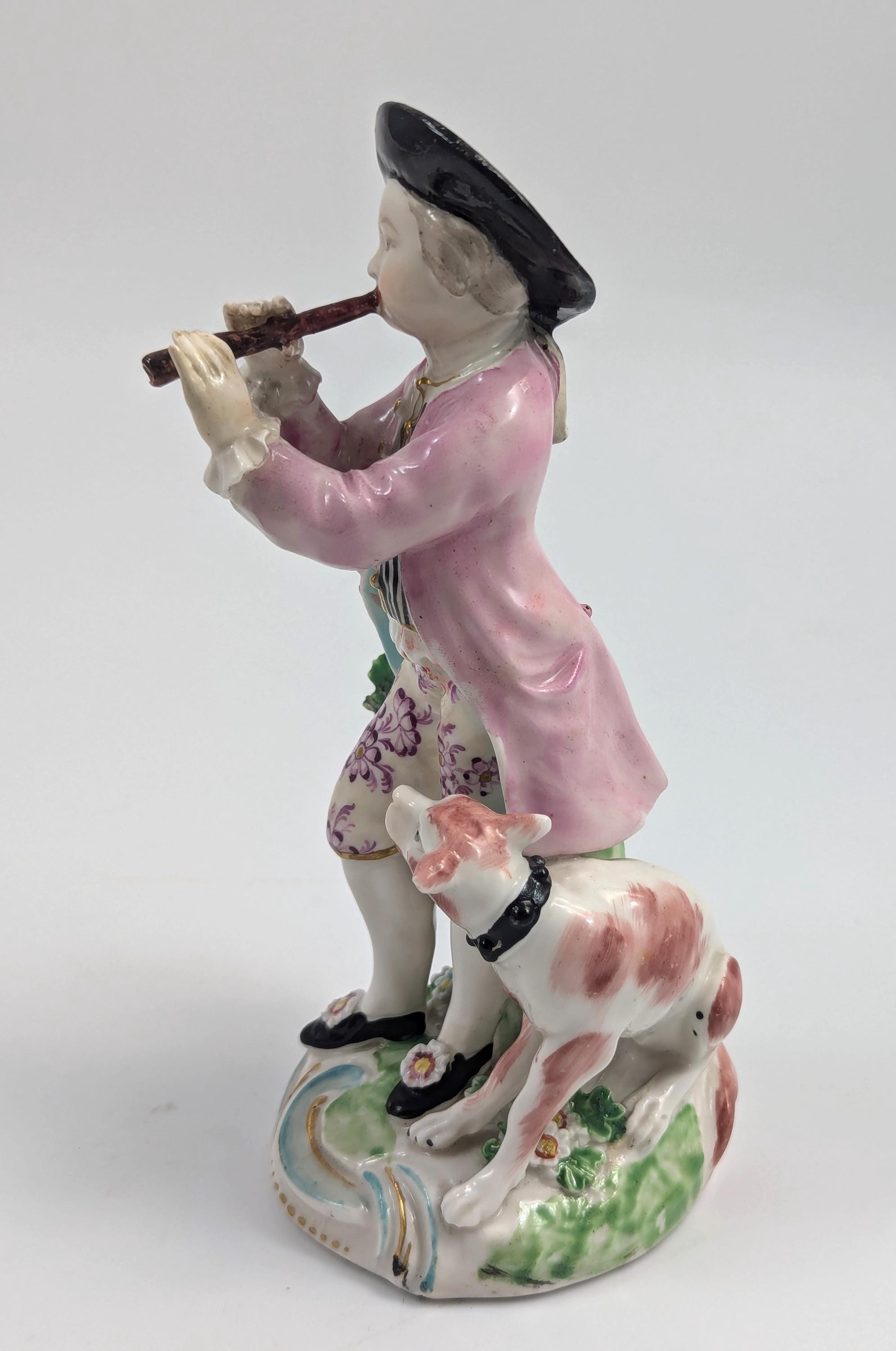Antique Derby Porcelain Figurine: Hand-Painted Shepherd with Pipe, c. 1750s