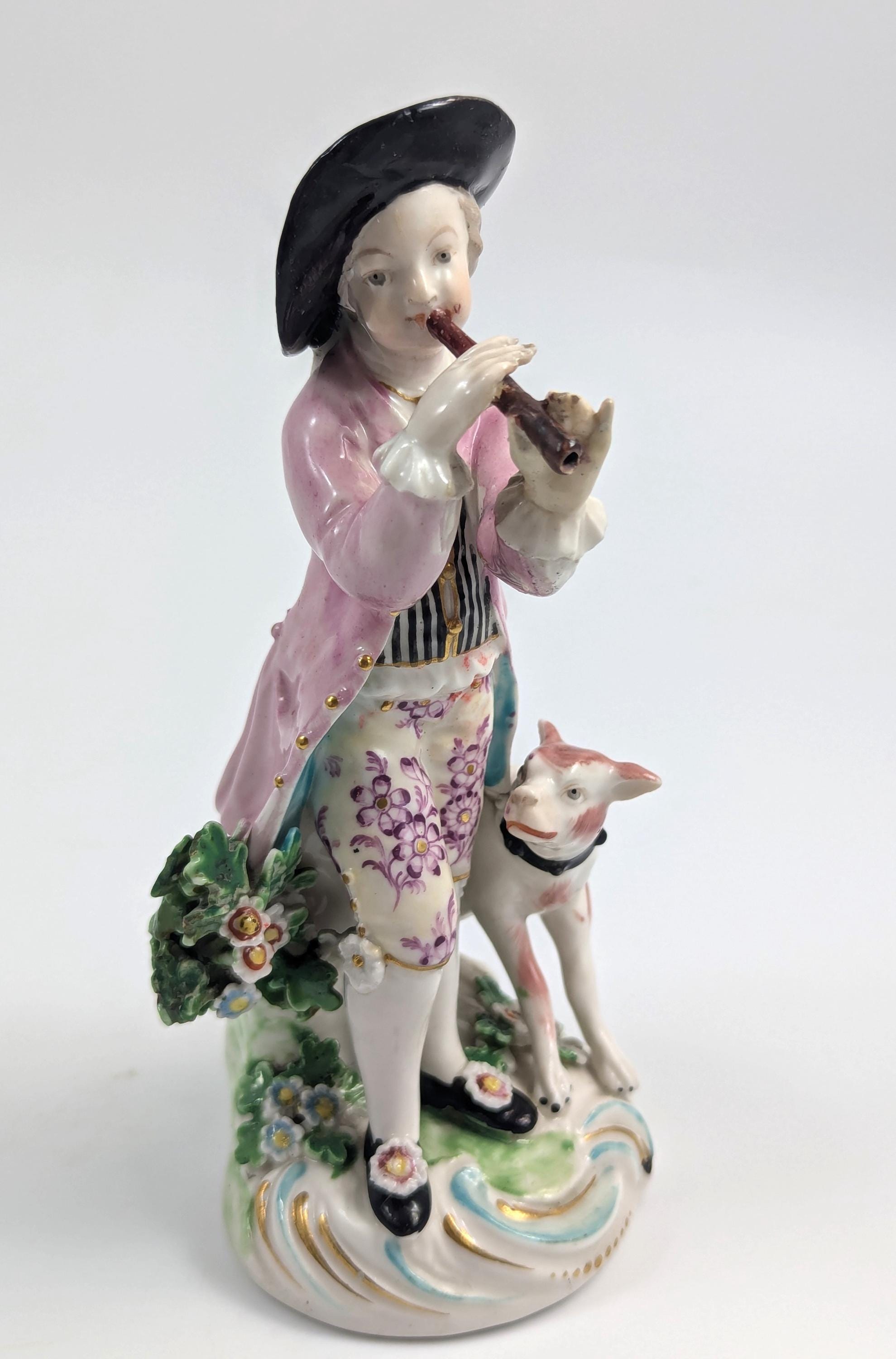 Antique Derby Porcelain Figurine: Hand-Painted Shepherd with Pipe, c. 1750s