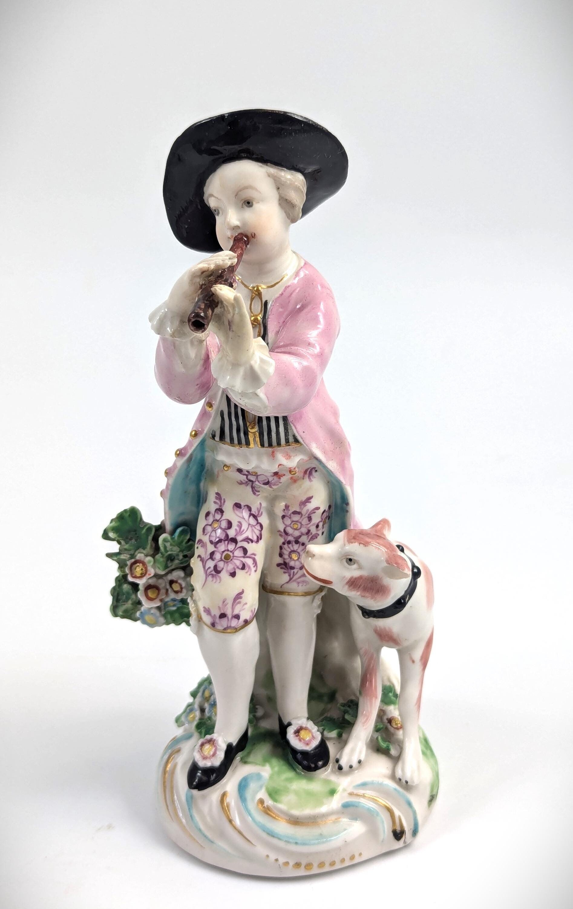 Antique Derby Porcelain Figurine: Hand-Painted Shepherd with Pipe, c. 1750s