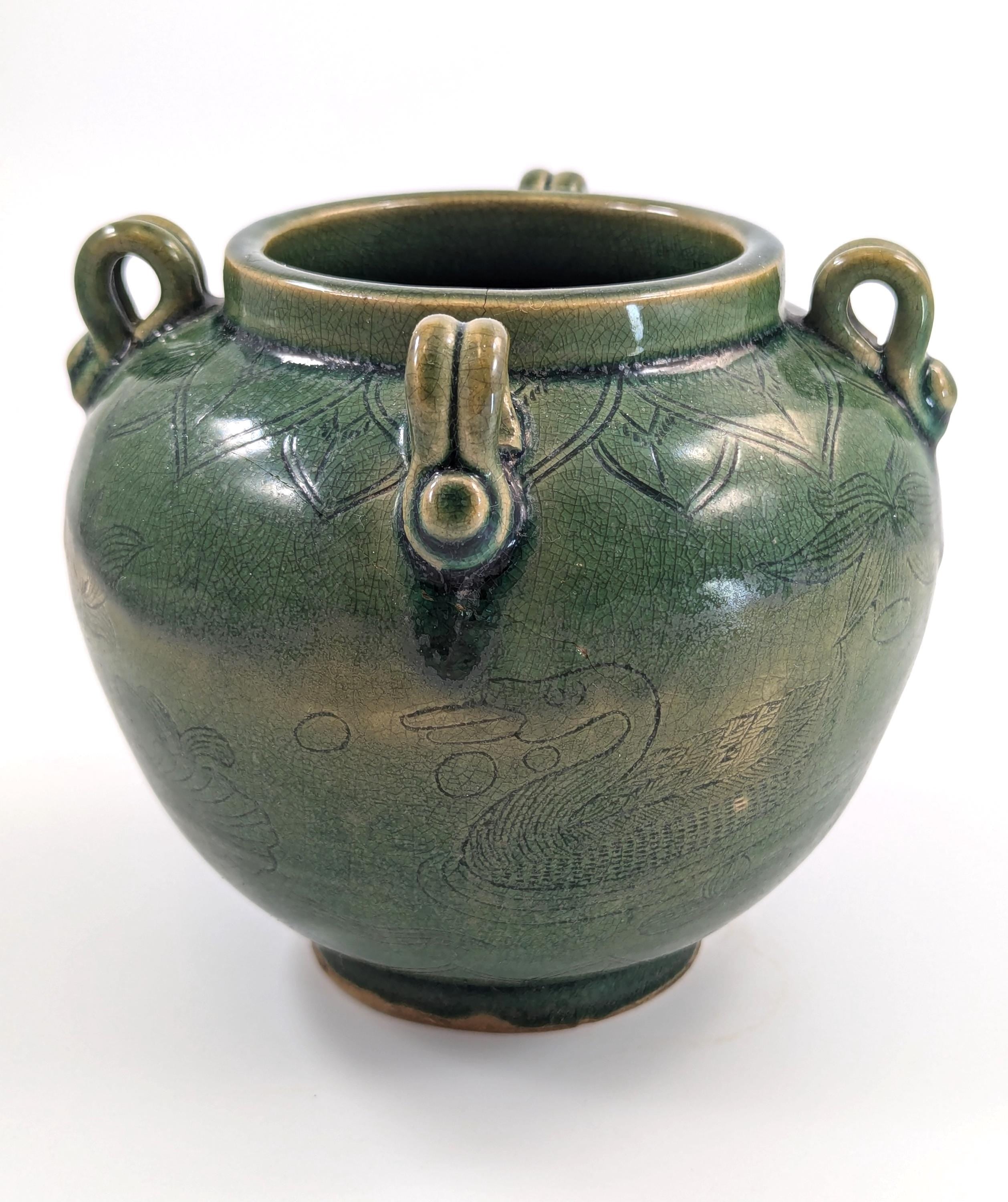 Antique Chinese Celadon Jar: Song Dynasty Style Ducks and Lotus