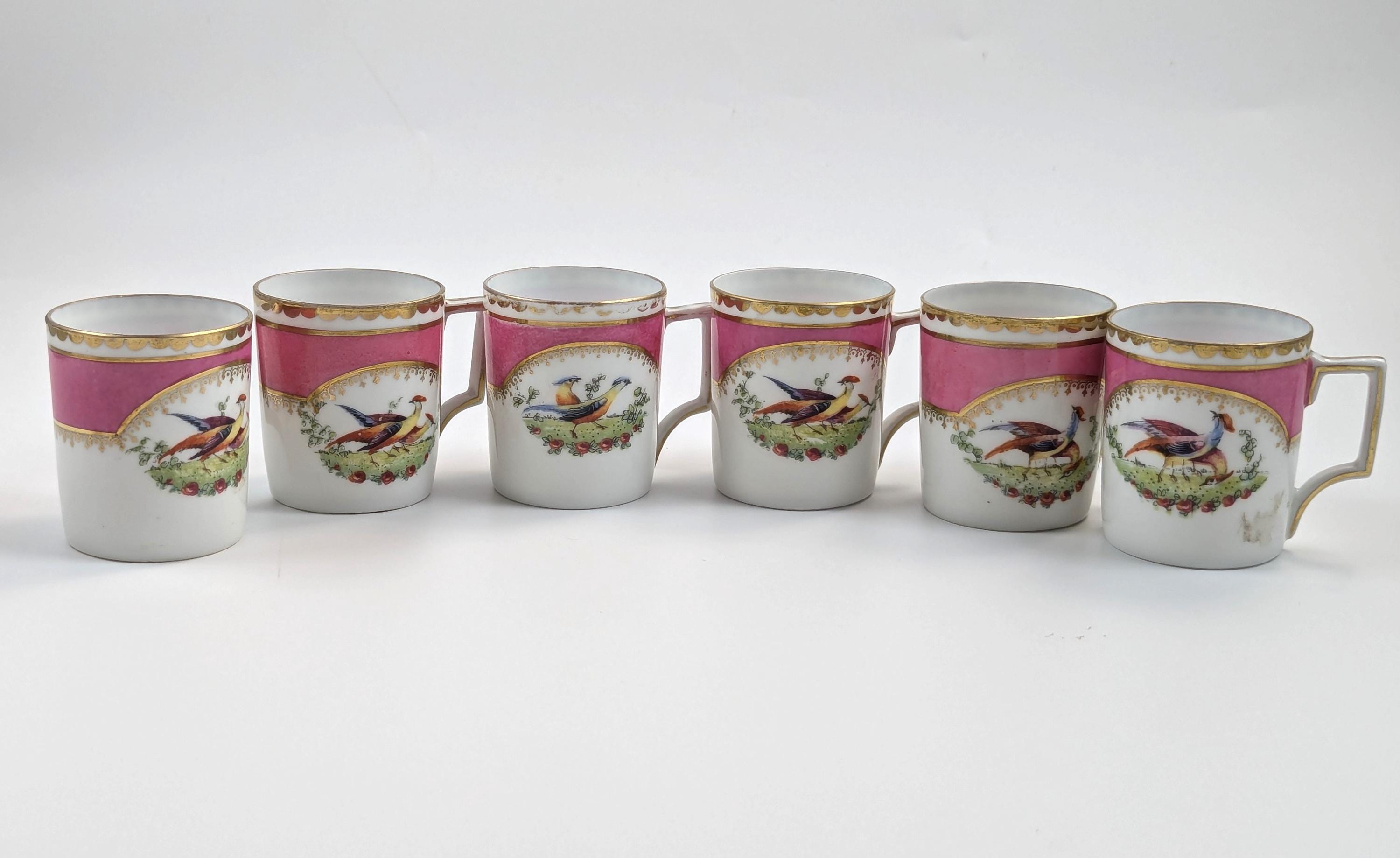 Victoria Austria Porcelain Coffee Set: Hand-Painted Grouse & Butterflies, Rose Pink, 1910s