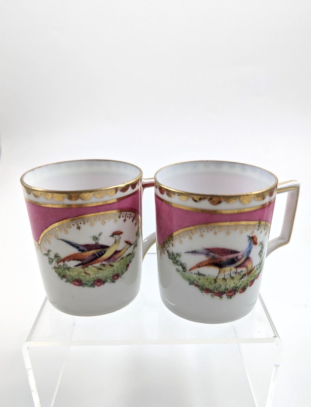 Victoria Austria Porcelain Coffee Set: Hand-Painted Grouse & Butterflies, Rose Pink, 1910s