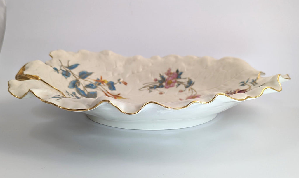 Royal Worcester Hand-Painted and Gilt Porcelain Floral Leaf Dish, 1887