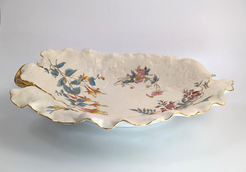 Royal Worcester Hand-Painted and Gilt Porcelain Floral Leaf Dish, 1887