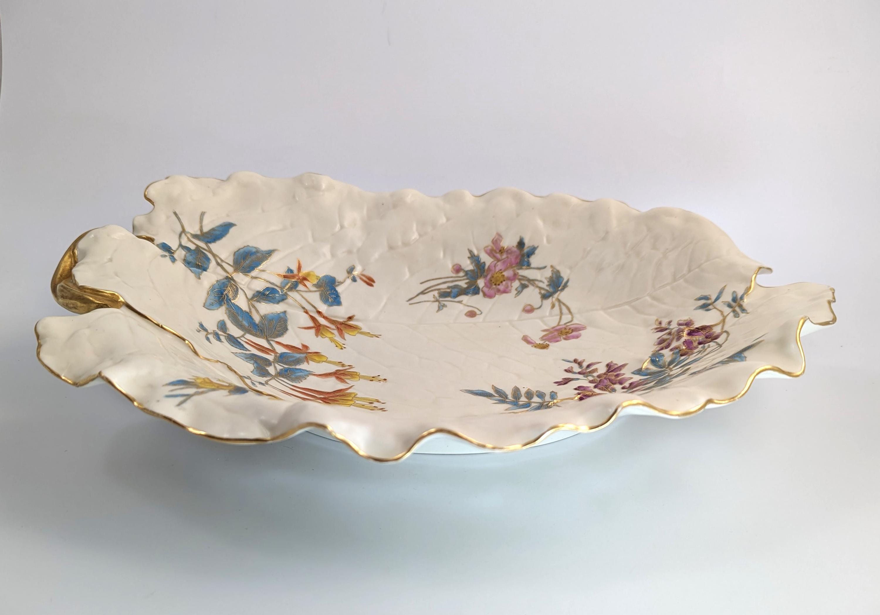 Royal Worcester Hand-Painted and Gilt Porcelain Floral Leaf Dish, 1887