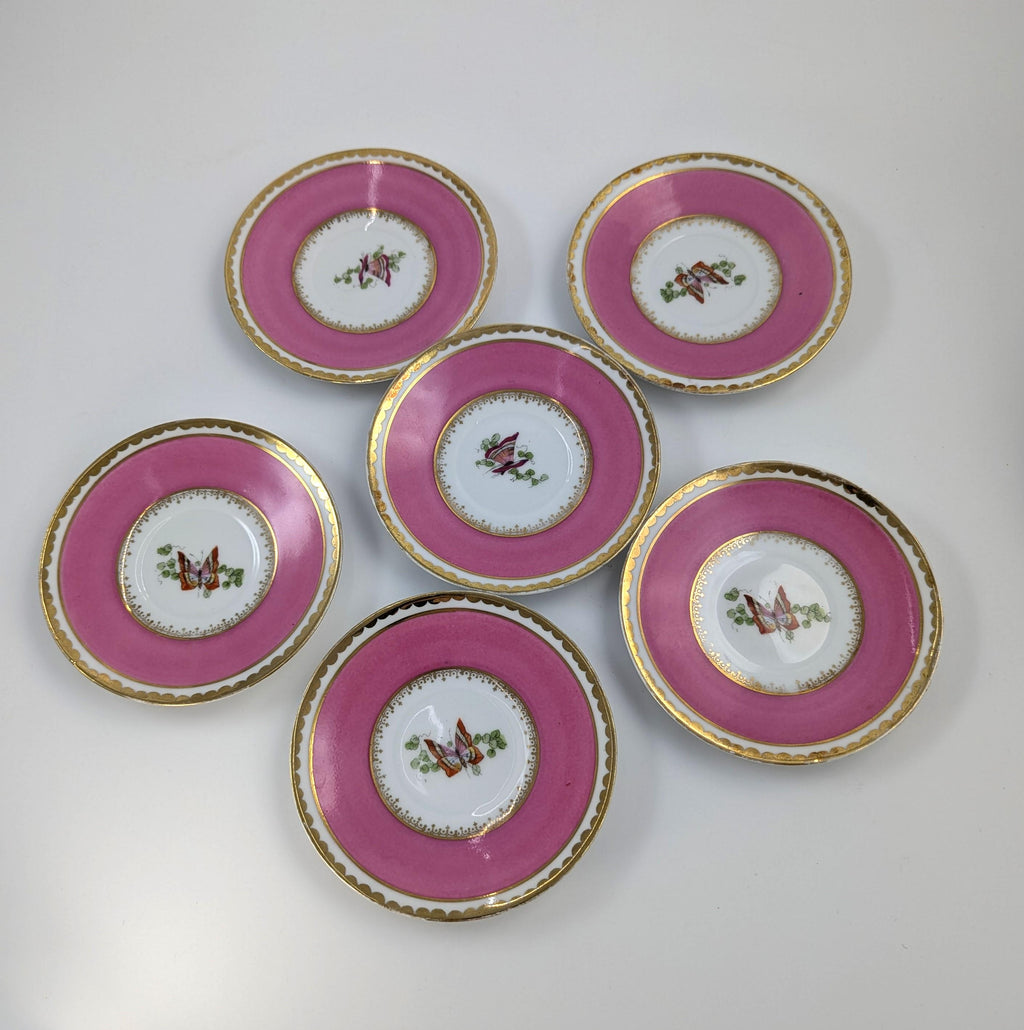Victoria Austria Porcelain Coffee Set: Hand-Painted Grouse & Butterflies, Rose Pink, 1910s