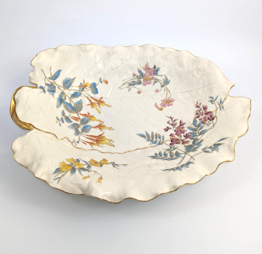 Royal Worcester Hand-Painted and Gilt Porcelain Floral Leaf Dish, 1887
