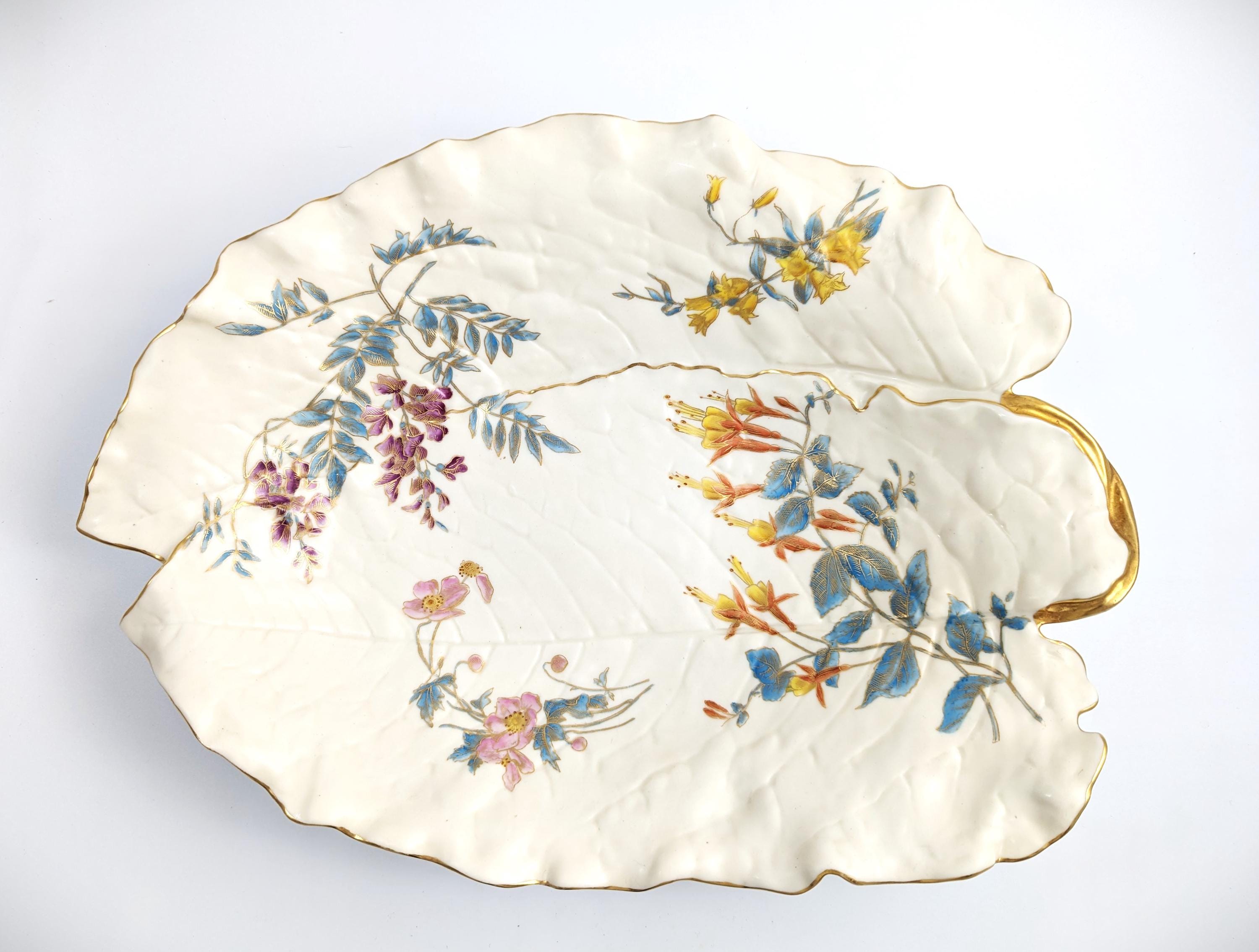 Royal Worcester Hand-Painted and Gilt Porcelain Floral Leaf Dish, 1887