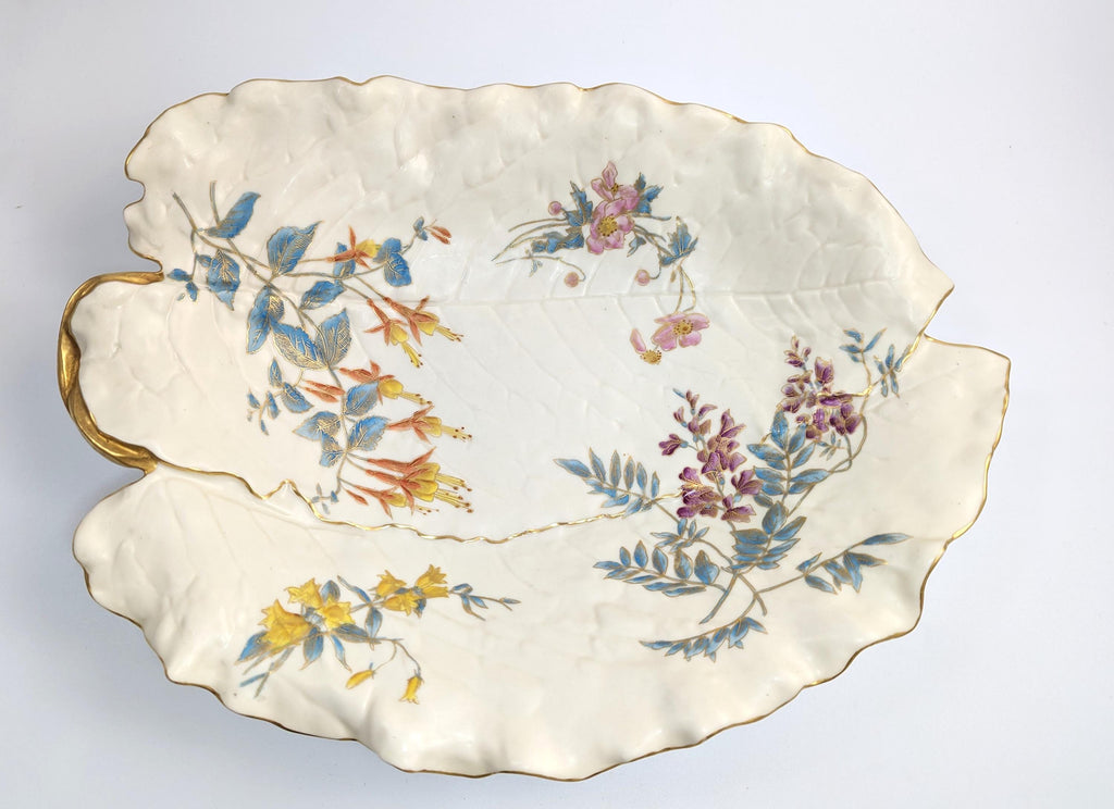 Royal Worcester Hand-Painted and Gilt Porcelain Floral Leaf Dish, 1887