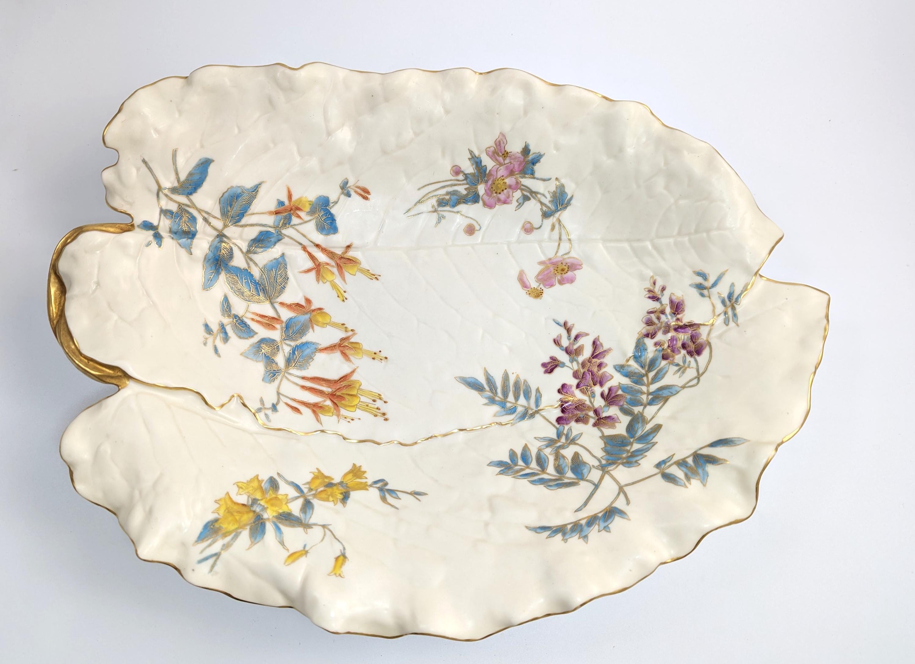 Royal Worcester Hand-Painted and Gilt Porcelain Floral Leaf Dish, 1887
