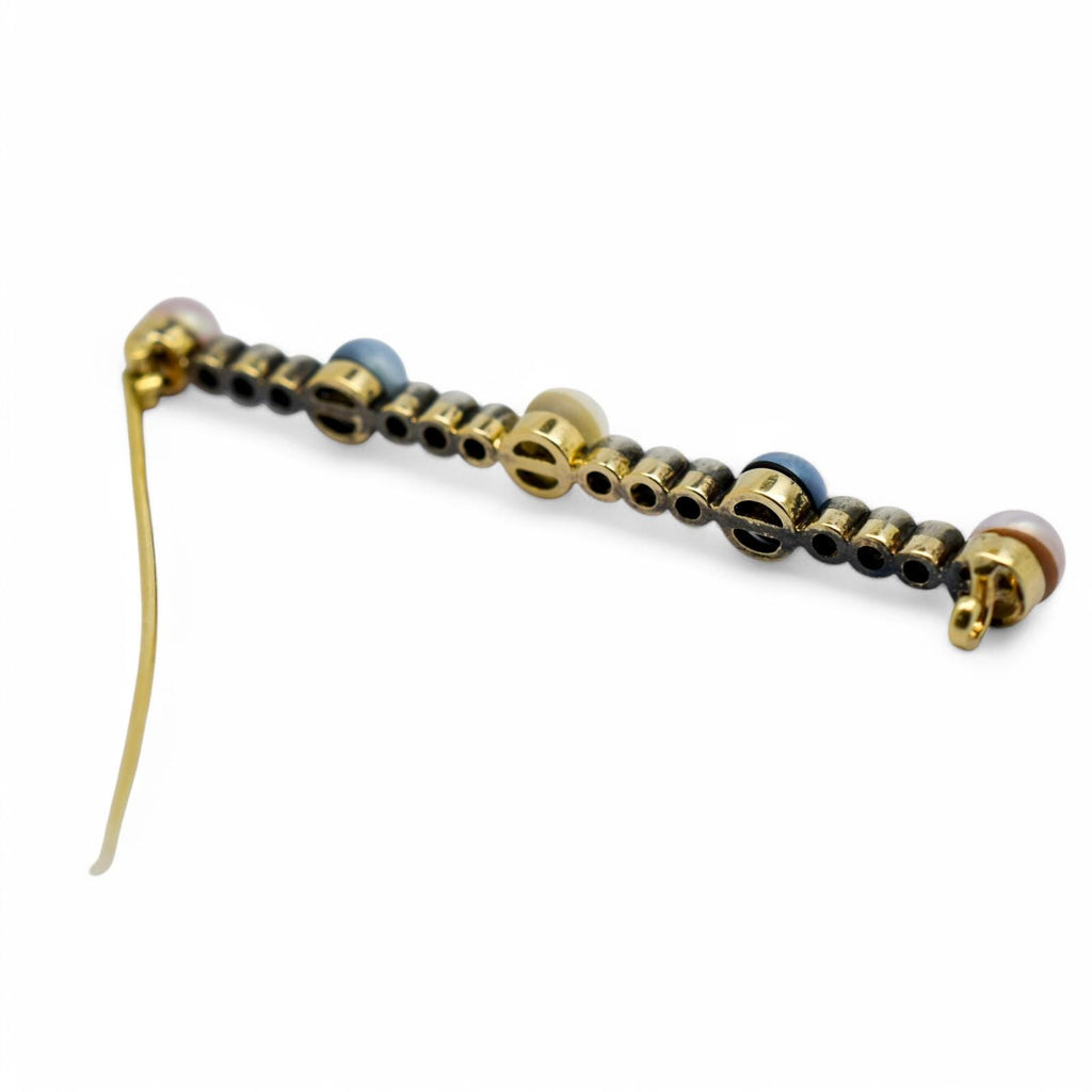 Belle Époque 14k Gold Bar Brooch: Old European Cut Diamonds, Cultured Pearls