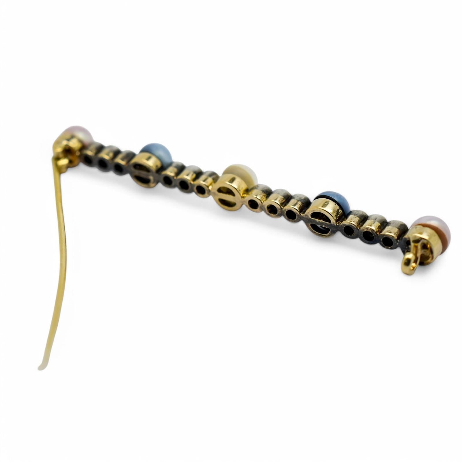 Belle Époque 14k Gold Bar Brooch: Old European Cut Diamonds, Cultured Pearls