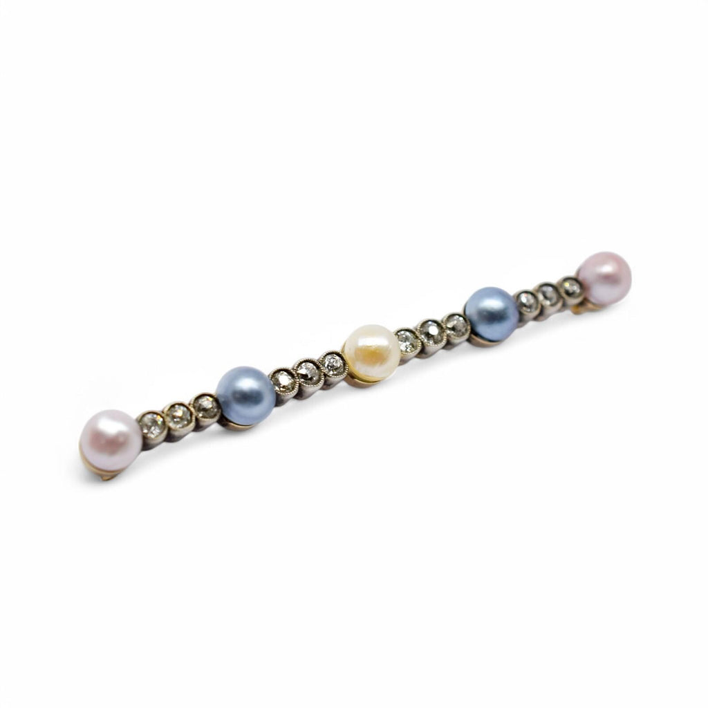 Belle Époque 14k Gold Bar Brooch: Old European Cut Diamonds, Cultured Pearls