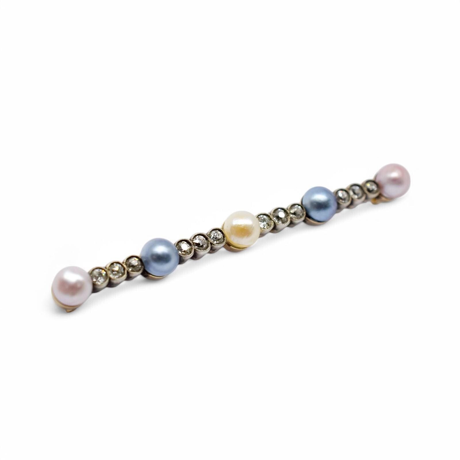 Belle Époque 14k Gold Bar Brooch: Old European Cut Diamonds, Cultured Pearls