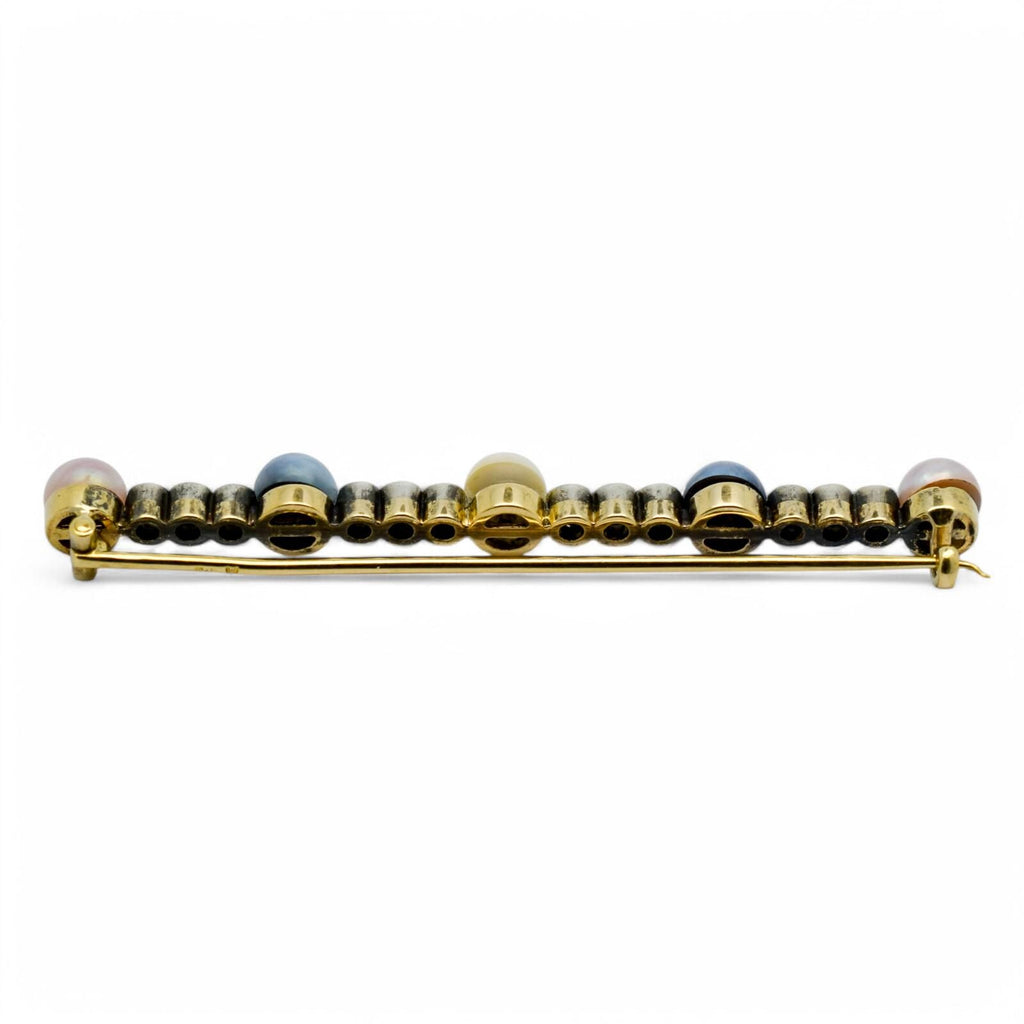 Belle Époque 14k Gold Bar Brooch: Old European Cut Diamonds, Cultured Pearls