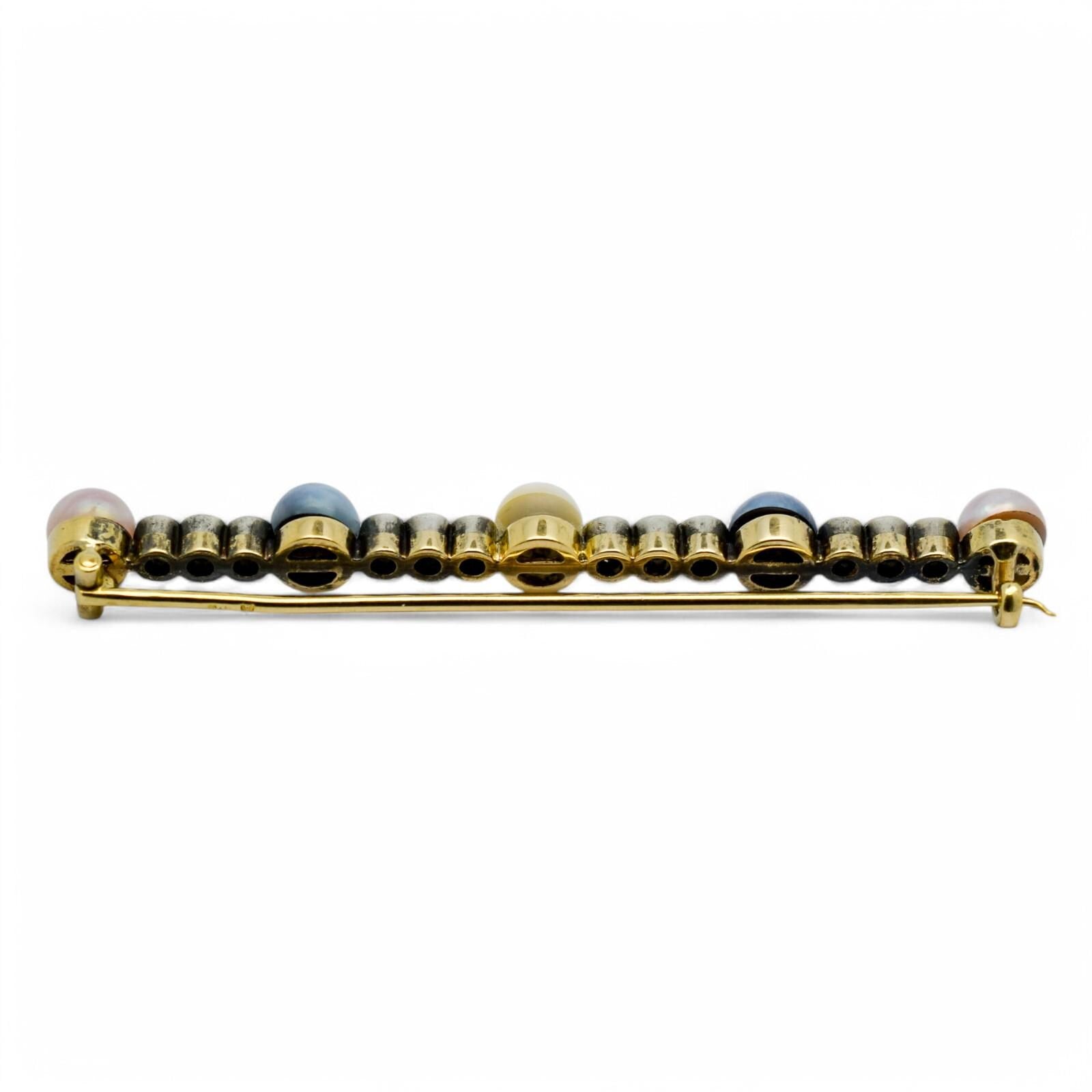 Belle Époque 14k Gold Bar Brooch: Old European Cut Diamonds, Cultured Pearls