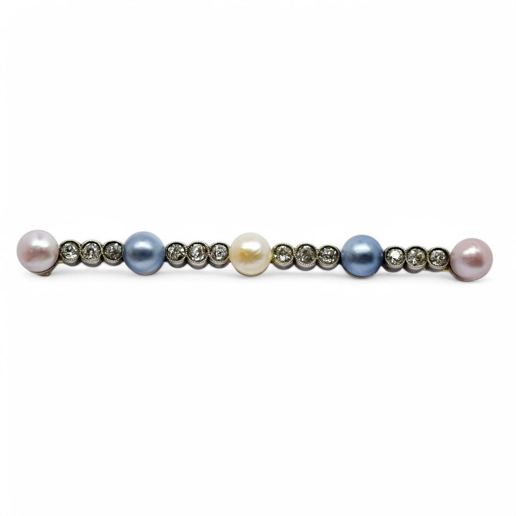 Belle Époque 14k Gold Bar Brooch: Old European Cut Diamonds, Cultured Pearls
