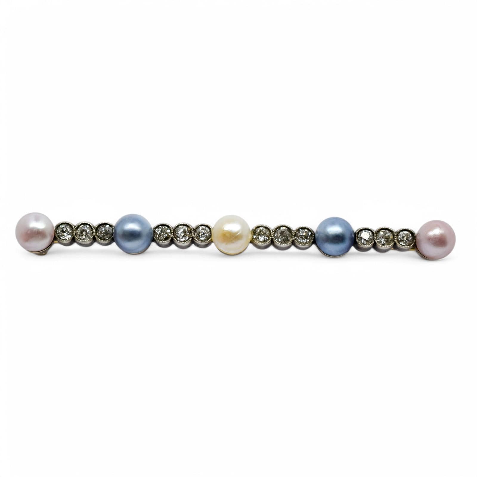 Belle Époque 14k Gold Bar Brooch: Old European Cut Diamonds, Cultured Pearls