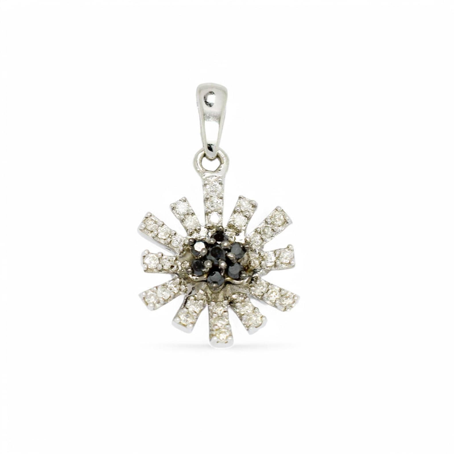 Vintage 9ct white gold daisy pendant with black and white diamonds