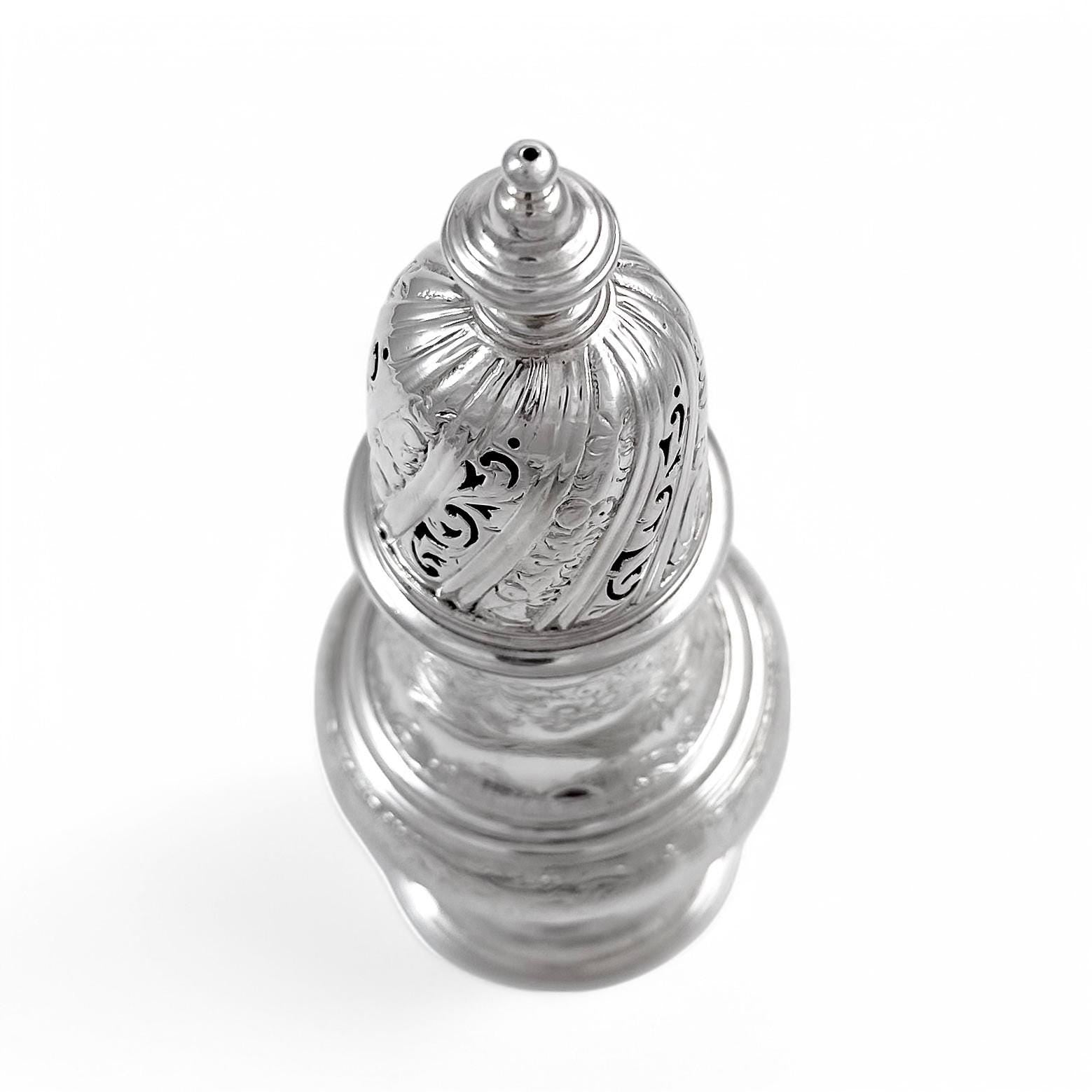 Antique George II large sterling silver pepper pot / sugar sifter / muffineer, Samuel Wood, 1744