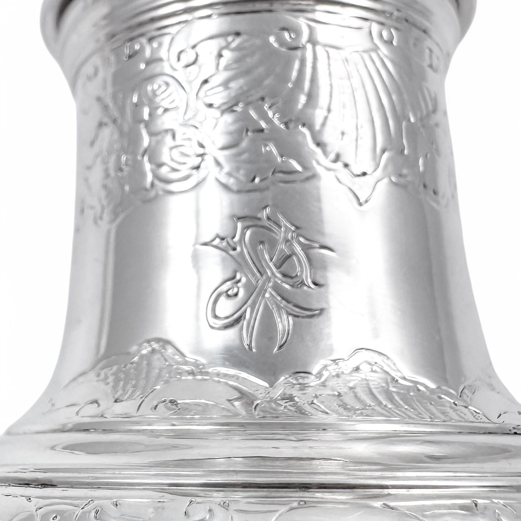 Antique George II large sterling silver pepper pot / sugar sifter / muffineer, Samuel Wood, 1744
