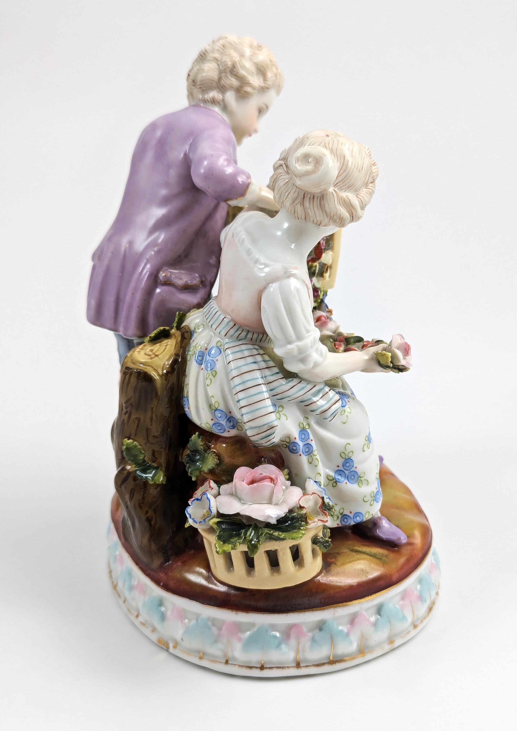 Antique Porcelain Figurine of Gardener Children, Meissen Style, c. 19th Century